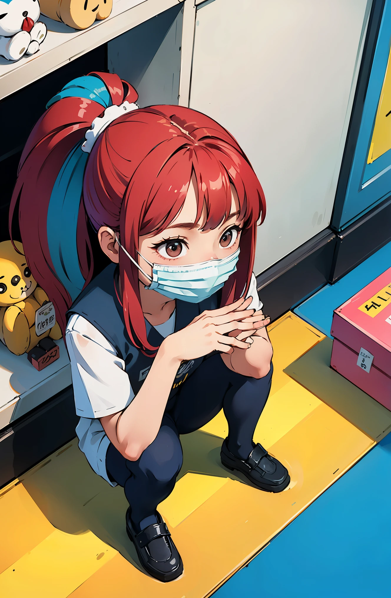 (masterpiece, highest quality), (colorful:1.4), From above, alone, One girl crouching on the ground in a store with a lot of stuffed animals on the shelves, Hand fingers properly, wearing a mask on one's head, Depth of bounds written,whole head,idol costume,cute,