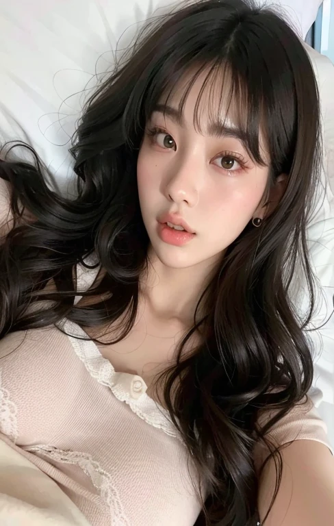 a close up of a woman laying in bed with a pillow, ulzzang, korean girl, beautiful south korean woman, young adorable korean face, gorgeous young korean woman, beautiful young korean woman, lalisa manobal, neat hair with bangs, girl cute-fine-face, wan adorable korean face, popular south korean makeup, popular korean makeup