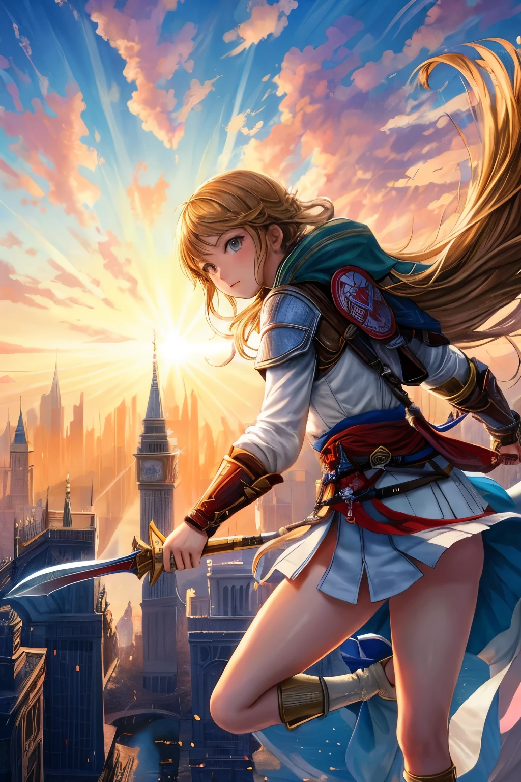 In the captivating realm of Assassin's Creed, two girls, dressed as models for an Akira Toriyama-inspired interpretation, gracefully pose against the backdrop of a sun-kissed metropolis. One girl deftly clutches a katar in her hand, readying herself for a leap across buildings, while the other maintains a poised balance, the sun's first rays reflecting off the bubble-like water below. The scene exudes an aura of vibrant splashes of color, as the sun's light cascades through the early morning air.