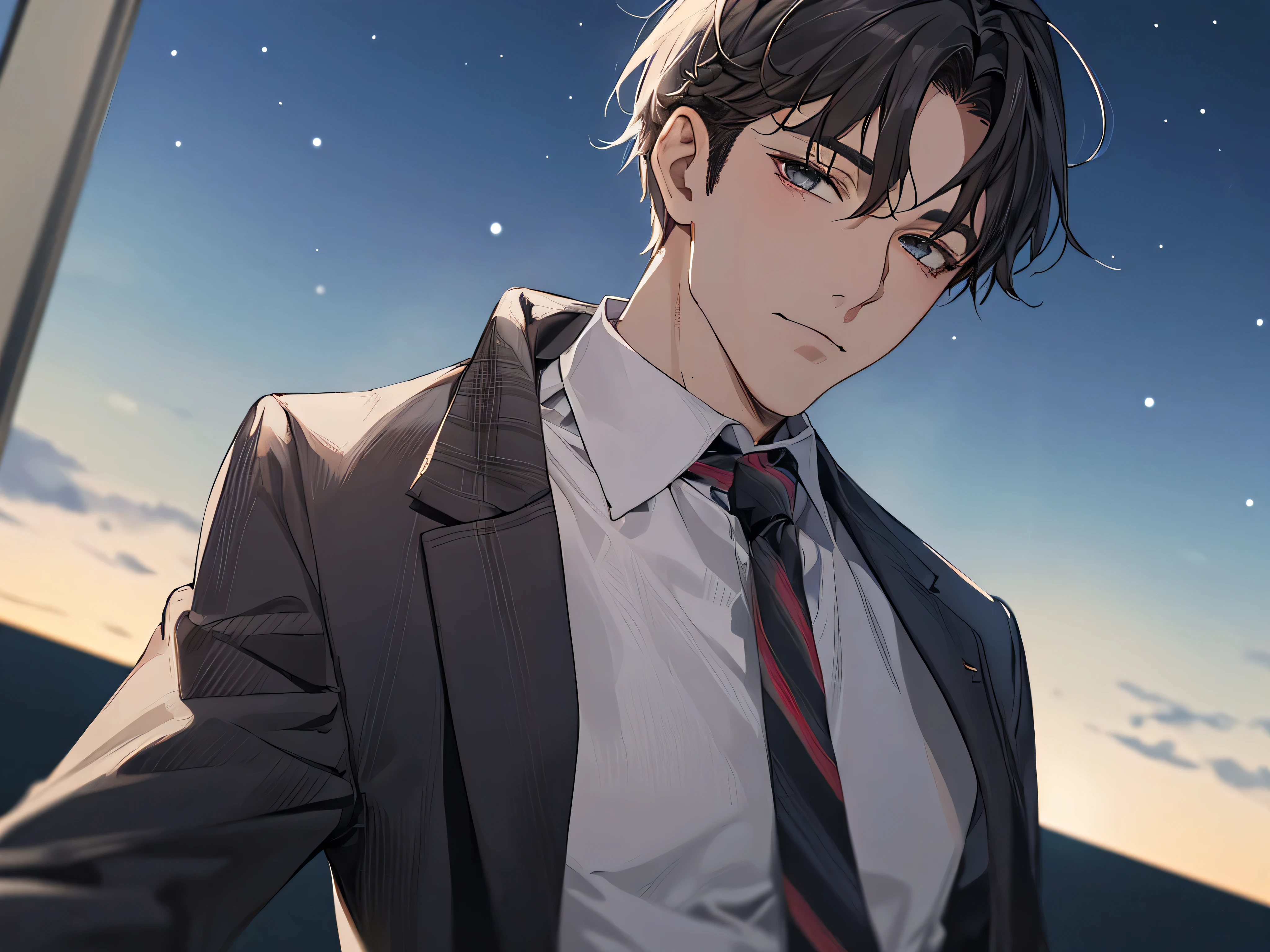 old man,顔にしわ,ビューアーにカベドン,((close up)),dramatic angle,masterpiece,shoot from below, upper body shot, business Suit,tie,man,solo,(40-year-old),Black top, short hair,looking at viewer,office,(night)