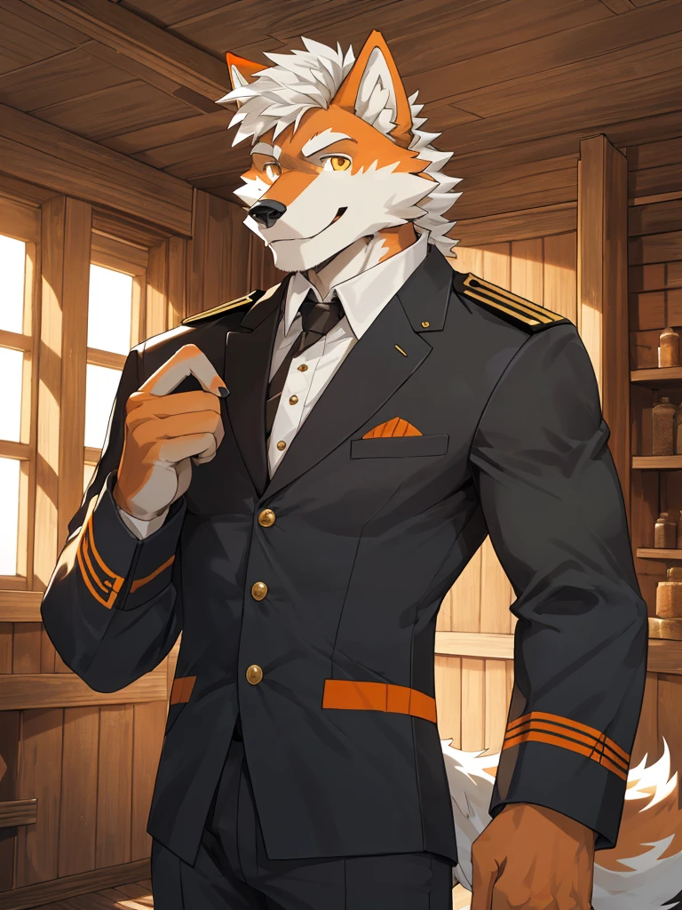 1man,Correct body structure,Correct finger structure,Correct pupil structure,single person, ((orange fur)), orange wolf, strong, white hair, smile, brown pupils, wolf tail, Medium length hair, captain's suit, in the cabin