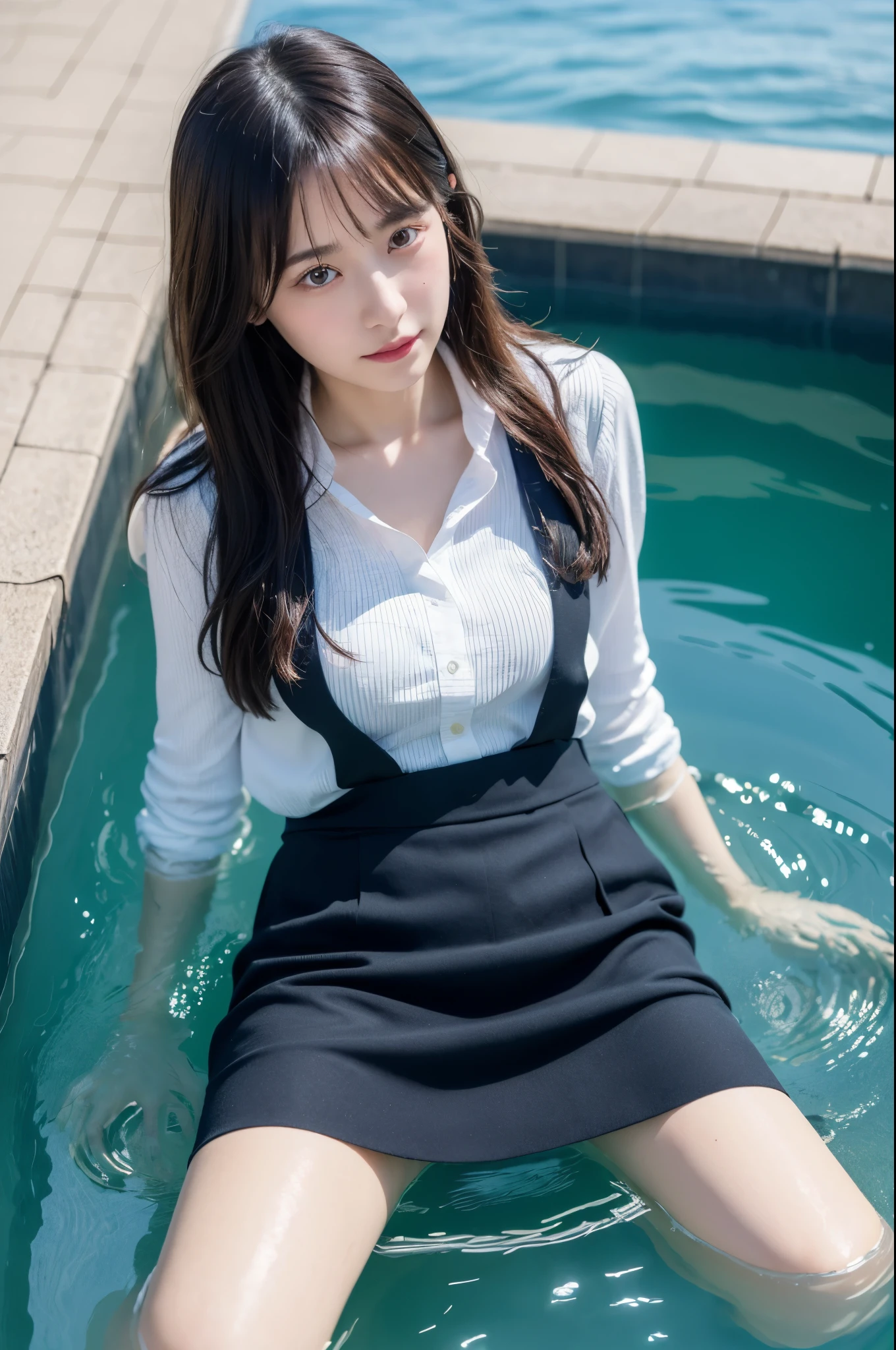 (masterpiece:1.3), (8k, photorealistic, RAW photo, best quality: 1.4), a stunning photo with beautiful saturation, cute Japanese girl, 20yod, bangs, clothed bathing, in pool, wet, office suit, pencil skirt, pantyhose, afloat, see through, clothed, girl floating above the water,