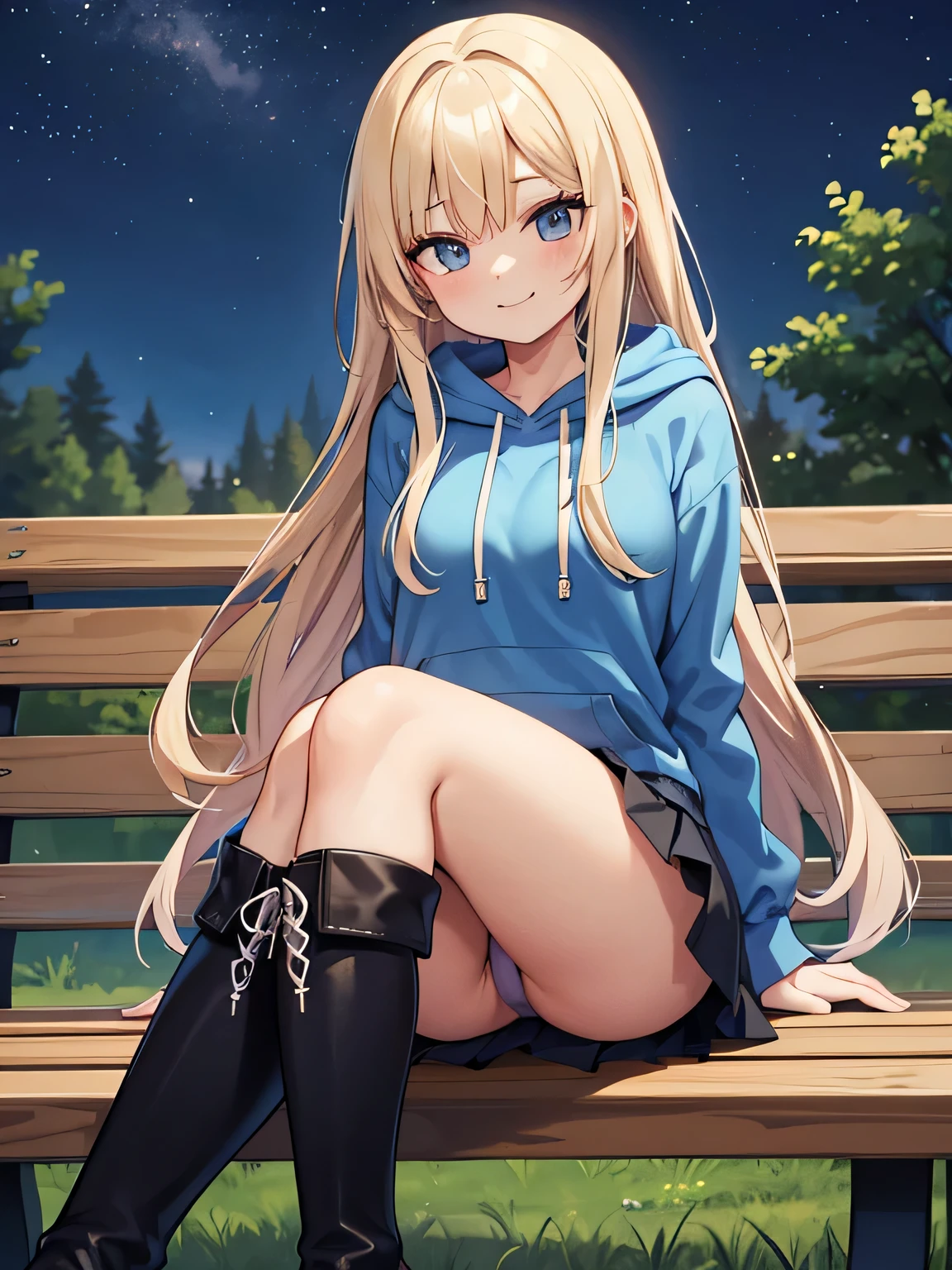 (1) A woman is sitting cross-legged on a bench. The color of the pants you can see is light blue..
(2) She's a gal, Baby-faced but with heavy makeup. she has long blonde hair.
(3) The woman is wearing a brightly colored hoodie, Mini skirt and platform long boots.
(4) The woman's expression is a smile.
(5) The location is a park bench at night surrounded by a forest..