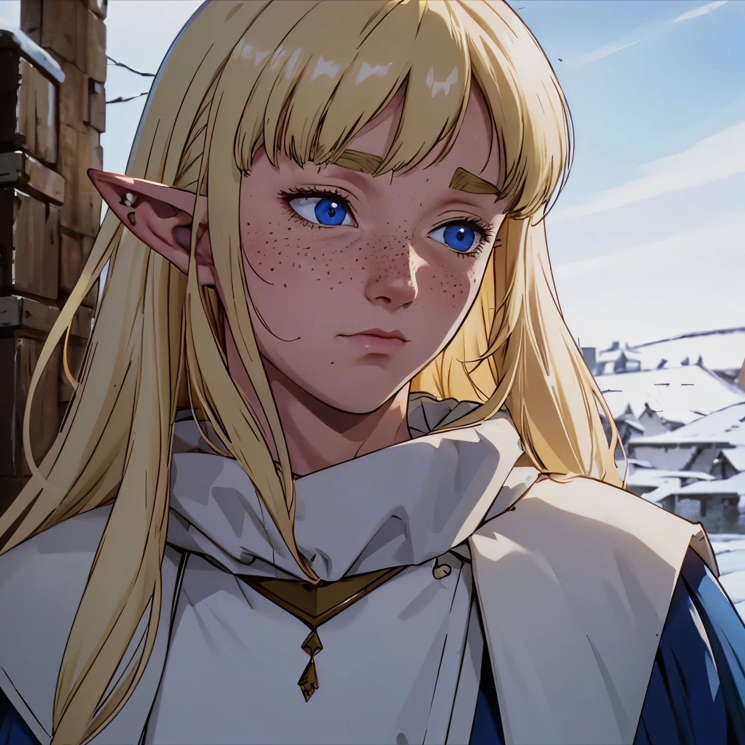 a beautiful blonde woman with elf ears and freckles, With his face covered in blood from a fight