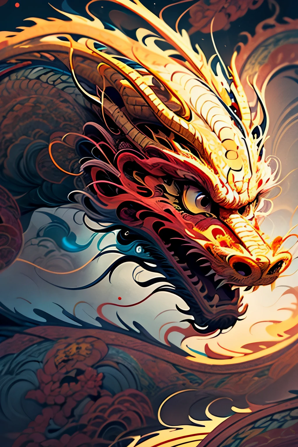 chinese new year, realistic, (masterpiece, top quality, best quality, official art, beautiful and aesthetic:1.2), extremely detailed, fractal art, colorful, highest detailed, zentangle, (abstract background:1.6), (1 boy), silver hair, bright eyes, hair slicked back, short hair, black robe, (golden Chinese dragon:1.5), wechatredenvelope,