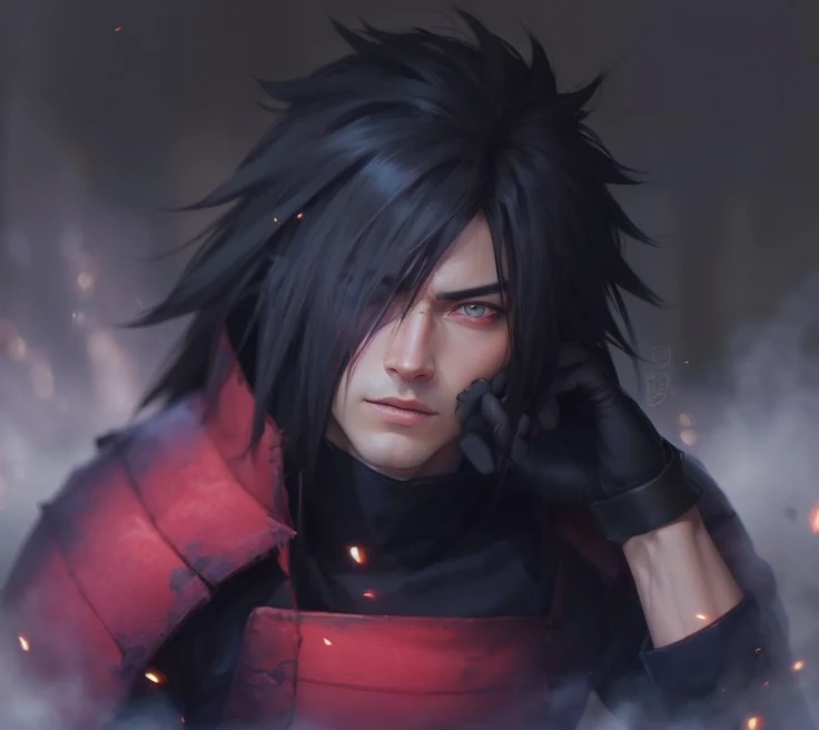 A close-up photograph of Madara Uchiha, the iconic character from Naruto, showcasing his intense and piercing gaze. The image captures every intricate detail of his Sharingan eyes, emphasizing the red and black patterns. The environment is a dimly lit room, with shadows dancing on the walls, creating a mysterious and brooding atmosphere. The style of the photograph is cinematic, with a slightly desaturated color palette to enhance the dramatic effect. The lighting is low-key, with a focused beam of light falling on Itachi's face, casting deep shadows and highlighting the contours of his features. The image is captured with a high-resolution DSLR camera, using a shallow depth of field to create a beautiful bokeh effect, blurring the background and drawing all attention to madara's captivating eyes.Hyperrealistic version of Madara, hyperdetailled, hyperrealistic