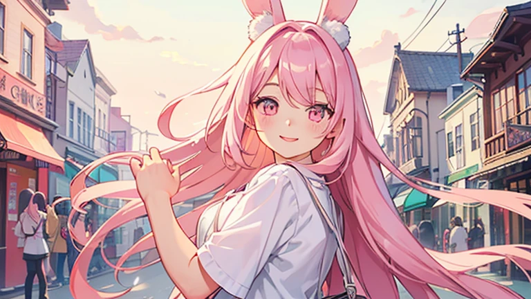 beautiful illustrations, highest quality, pretty girl, pastel colour, fluffy rabbit ears, , pink long hair, rabbit stuffed, pale pink eyes,lively atmosphere street town,casual clothes,smile