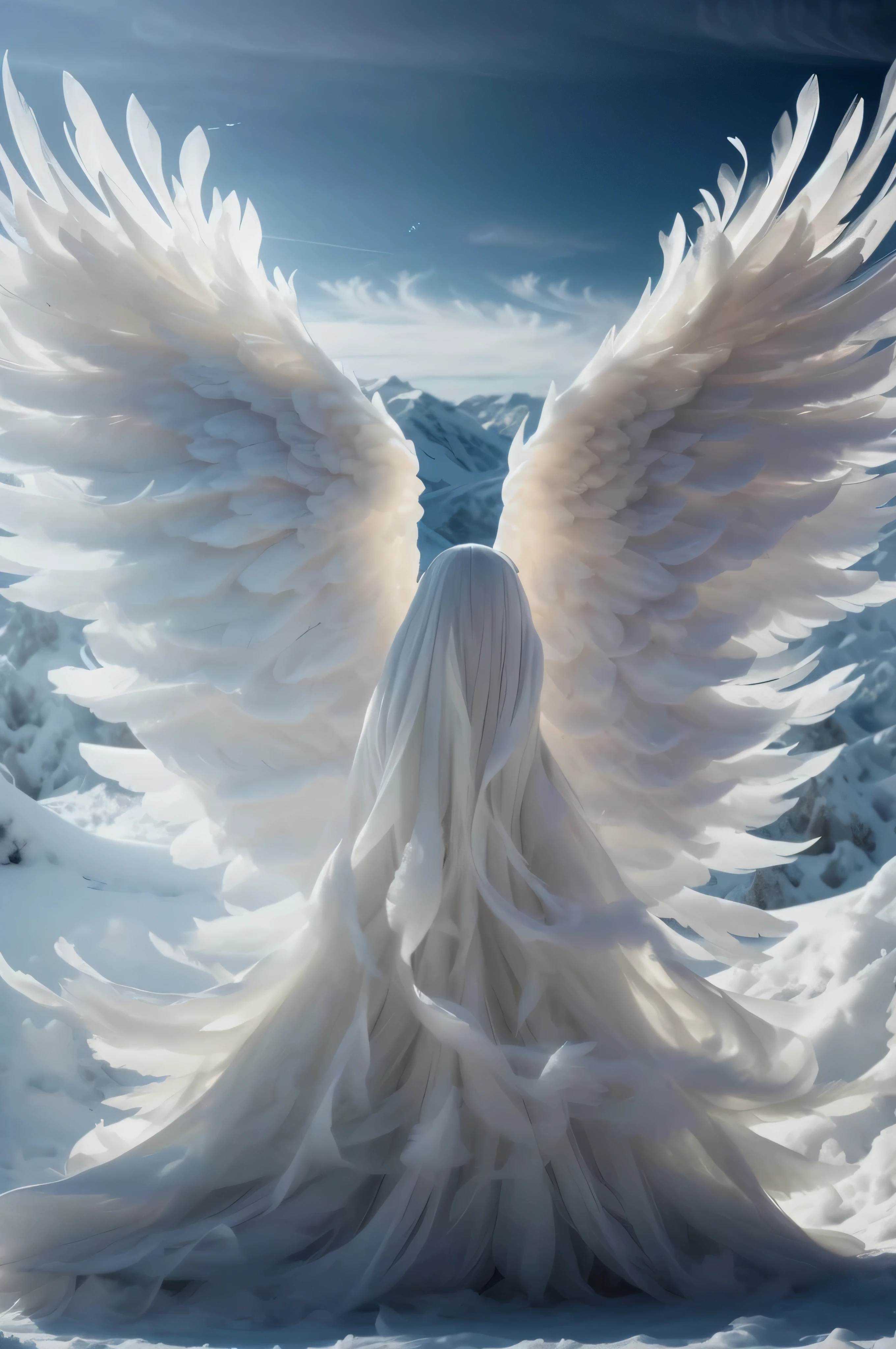 Close-up of white angel with big wings in the snow, big angel wings wide open, beautiful angelic wings, massive angel wings, epic angel wings, angelic wings, Majestic angels, Beautiful angel, angelic wings on her back, huge white glowing wings, angel wings, angelic, of Beautiful angel, tall female angel, grand angel wings