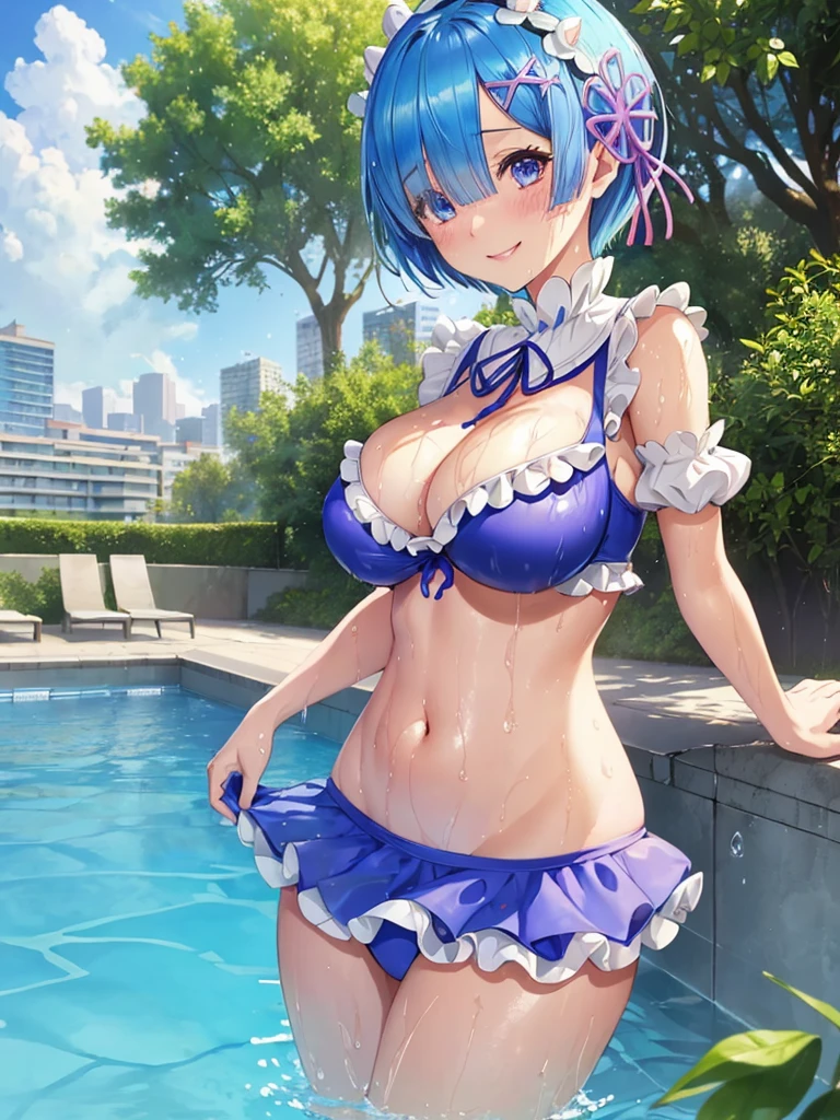 (highest quality), (masterpiece), (super detailed), (wallpaper, one girl),(Rem,Re:zero,blue hair,short hair,big breasts),(perfect beautiful bikini),((frills)),medium hair,(beautiful big breasts),Upper body,public pool,outdoor pool,(hair is wet) ,(body dripping wet),smile,sexy pose,back,Between Buildings,