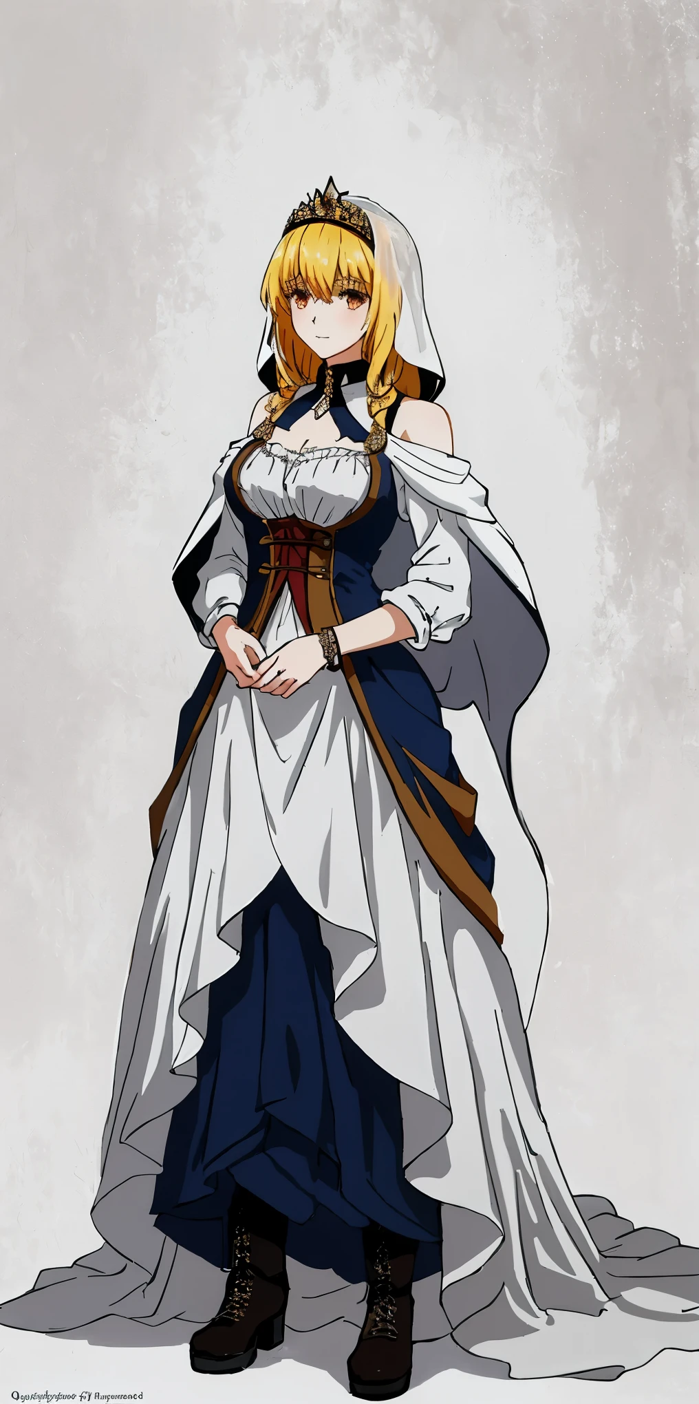 full body of a woman in a dress with a veil, feet together, standing feet together, militar boots, beautiful fantasy maiden slave warrior, beautiful fantasy art portrait, fantasy victorian art, medieval fantasy art, beautiful and elegant queen Roxxane, portrait of queen of light, fantasy portrait art, gothic fantasy art, a beautiful fantasy empress, ((white background))
