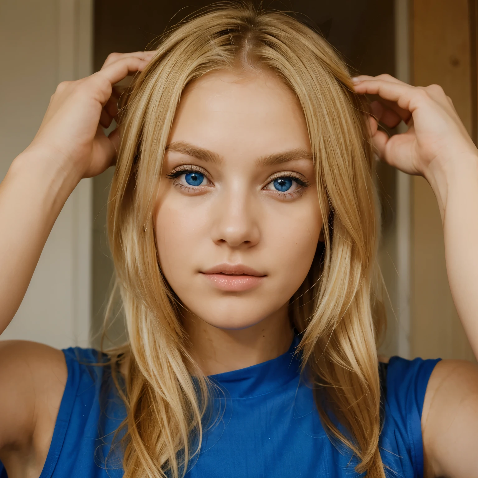 A girl with blonde hair and blue eyes
