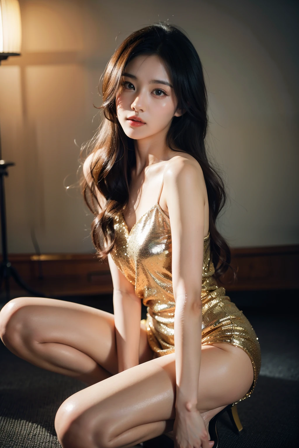 A Japanese cute girl named Ai, uninterrupted viewpoint, Retro Flare, f/2.0, 105mm, Panasonic, UHD, retina, masterpiece, accurate, anatomically correct, textured skin, super detail, high details, high quality, best quality, highres, 1080P, HD, 4K, 8k, evening gown, stiletto shoes.