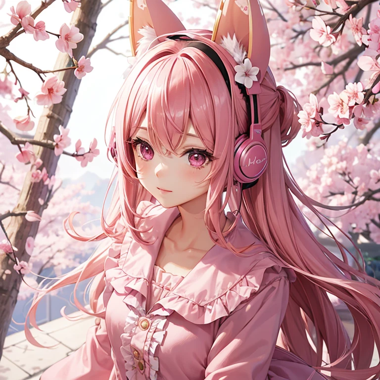 girl pink hair Lashes long Drooping eyes headphones pink fine cherry blossoms in hair Lightning on the left antennae pink clothes frilly clothes