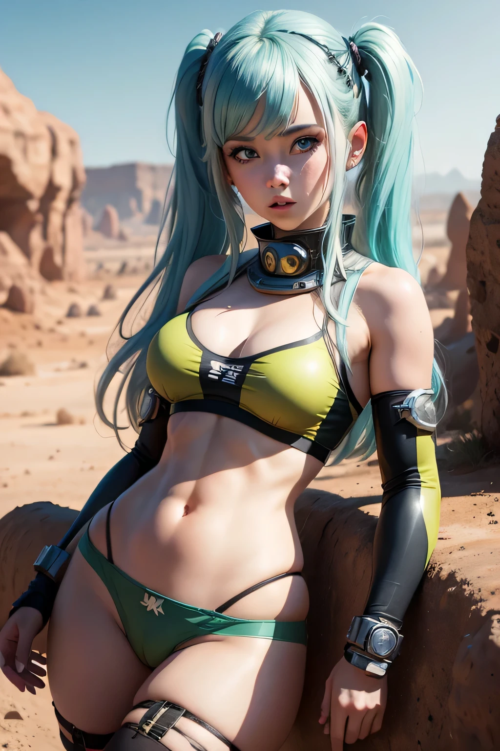 ((Barbarella)), 2 girls, cute 18-year-old girls in twin tails, ((perfect female body)) multiple rainbow colored hair, perfect detailed blue eyes, happy, Ukrainian, , pale skin, wearing a green metallic color bikini, pantyhose, panties, post apocalyptic background, bleak barren desert, photo realistic.