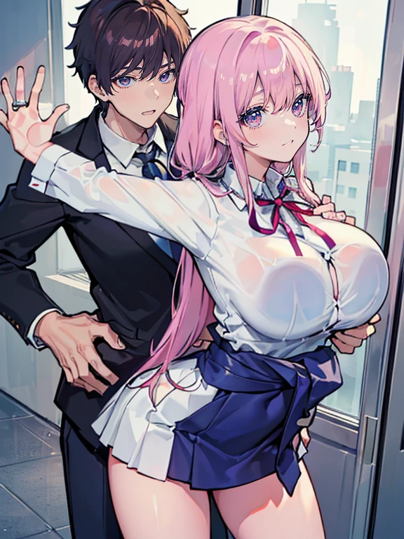 8K,highest quality, muste piece,in the classroom after school,student,uniform,long hair,(very huge breasts:1.5),(1 girl:1.5),(1 slender handsome man:1.5),(((1 Boy grabbing girl's waist:1.5))),((Shot through the window:1.5)),spread legs,((A handsome man whispering in your ear:1.5)),Plump nipples,emphasize the chest,(blush:1.2),((embarrassed:1.4)),(open your mouth wide:1.4),shirt,ribbon,mini skirt,(girl arching her back:1.4)