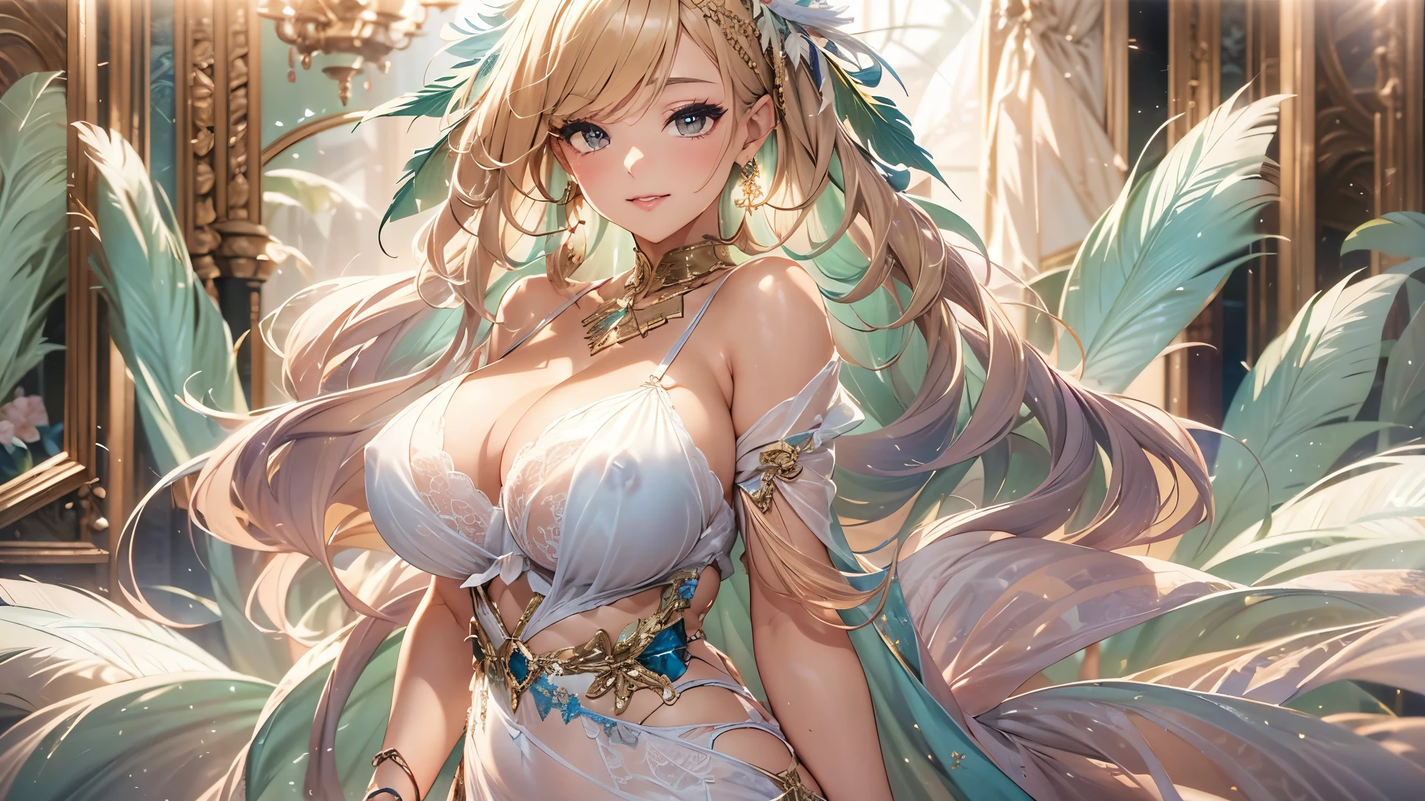 過去最高のmasterpiece、beautiful美しさ, 3D two-dimensional, rich, blonde, skirt, stockings, high heels, star、(Highly detailed CG Unity 8K wallpaper),(masterpiece), (最高quality), (超be familiar with), (best work),(best shadow), (sharp eyeliner, eye shadow, fine eye:1.1), (超High resolution,realistic,最高quality,realistic),(8K,RAW photo,最高quality,star),mature woman、sensual curves、huge breasts、thighs、bubble、お尻のmasterpiece, 最高quality, 超be familiar with, full body shot, mature woman, beautiful mature woman, nightgown and underwear, enchanting smile, thick lips, Chubby lips, blush, looking at the viewer, provocative expression, beautifulhair型, cleavage, Plump、curvy hips、attractive face、sexy lingerie、an inviting gaze、Expression of emotions、Lewd underwear、(((erotic see-through lingerie set)))、Standing position、gorgeous accessories 、big breastsの女性, bare shoulders, 金色のhair, colored feather, metal ornaments, colored flowers, particle, light, (masterpiece, 最高quality, 最高quality, official art, beautiful and aesthetic:1.2), (1 girl:1.5), 非常にbe familiar with,(fractal art:1.1),(colorful:1.1)、(flowers:1.3),most detailed,(zentangle:1.2), (dynamic pose), (abstract background:1.3), (shiny skin), (lots of colors :1.4), ,(earrings:1.4), (feather:1.4),masterpiece, 最高quality, 超be familiar with, 30~40 years, full body shot, beautiful 、さまざまなhair型，gold headband，plump breasts，beautiful，greek clothing，Tulle covers the breasts，perfectly proportioned, detailed clothing details,marble，god statue，cinematic lighting, film grain, 8K, masterpiece, 超be familiar with, high detail, 高quality, High resolution,(((NSFW:1.2)))、exposed chest、Openwork decoration，(((see through dress)))、(((解剖学的に正しいbody))) , 最高quality, 超be familiar with, (((Lewd underwear)))、raise your butt, from below, (((R-18)))、thighs, big breasts, Are standing, cowboy shot, blush, (((1 girl))), (masterpiece:1.3), (High resolution), (8K), (非常にbe familiar with), perfect face, Nice eye and face, (((最高quality))), (超be familiar with), detailed face and eye, (alone), beautifuleye,(((sexy pose)))、(((整ったbig breasts)))、((beautiful eye))、luxury、(((超High resolution)))、(((detailed description)))、(((ぽっちゃりbody型)))、(((解剖学的構造に一致したbodyの部位)))、beautiful長いまつ毛、バランスのとれたbody型,2 feet、Just the right size for your legs and arms、Fishnet tights、glamorous、(((Clear white and black eye)))、lipstick、Sparkling、(Undistorted face, eye, body)、jewelry、gem、(長くカールしたbeautifulまつ毛)、(((バランス良いbeautiful胸)))、(transparent, Exquisite skin:1.2)、(((完璧なglamorousボディー)))、actress face、Super beautiful、Cute smile、Healing beauty、Flower shower、完璧なeye、realistic depiction、Super sexy、glossy、Glamorous、double eyelids、Good dark makeup、makeup、ぼやけていないeye , expensive_quality, expensive_solve, masterpiece*I wore, whitespace, colorful, 1 girl, alone, white_hair, prism hair, [pink|green] eye, gradient eye, multicolored eye, shine eye, shine, Sparkling, shine white particles, Alone、one shot、adorable、Plump、Glossy and exquisite skin、はっきりしたeye鼻立ち、realistic eyes、whiteい肌, real human skin, (be familiar with), oval face, pore,  (8K, Raw photo, realistic: 1.4), one girl,  (Gentle and Goddess-like Eyes) happiness: 1.2), (lip gloss, eyelash, gross face, 最高quality, 超High resolution, wide lighting, natural shading)
