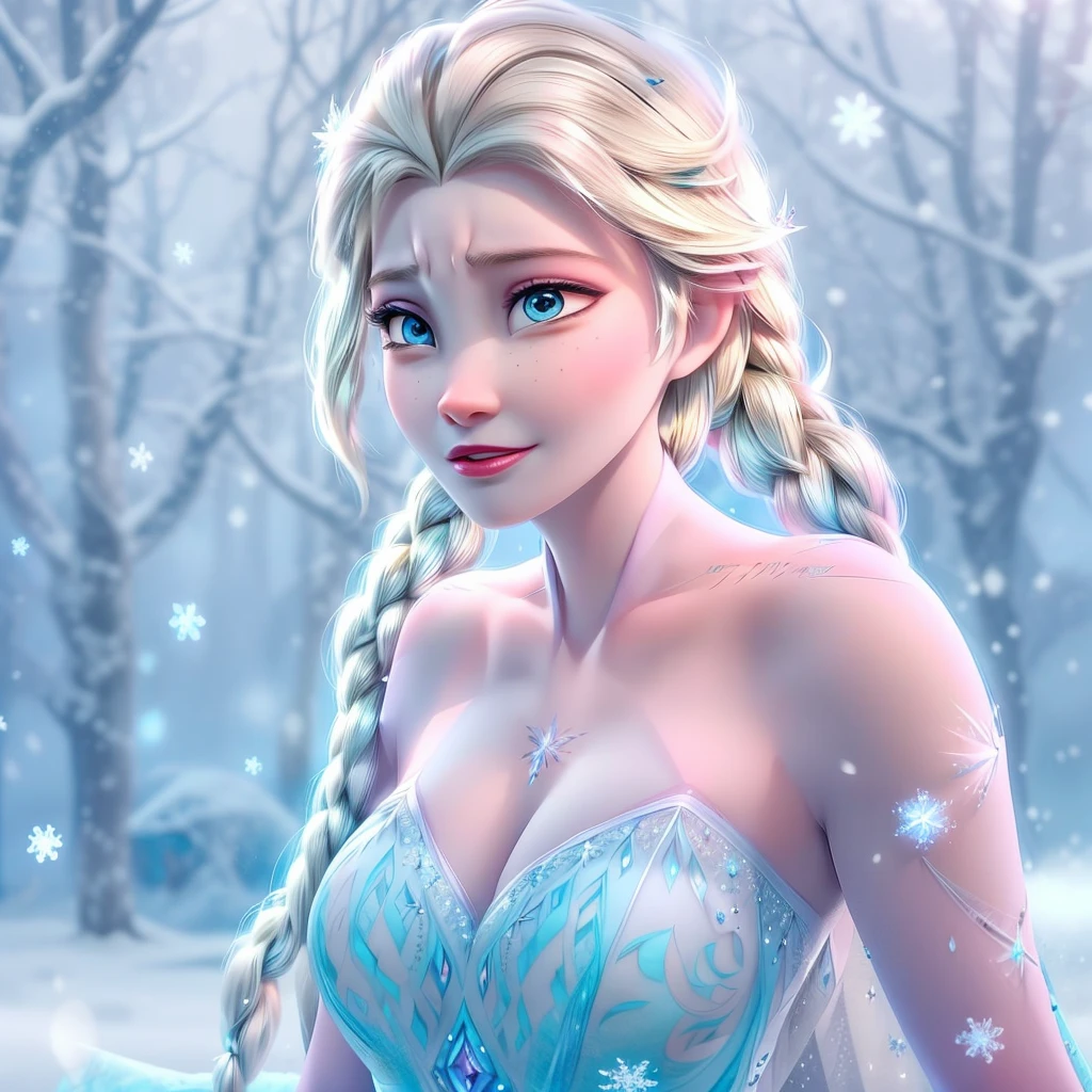 Realistic, elsa Frozen, disney,I&#39;m 18 years old and I have a single white braid like Elsa., sexy, light blue dress,open shoulder, Big Boob ,big tits,abs, white bedroom background, Random pose,Random display,Bokeh, rocket, natural light, snow powder