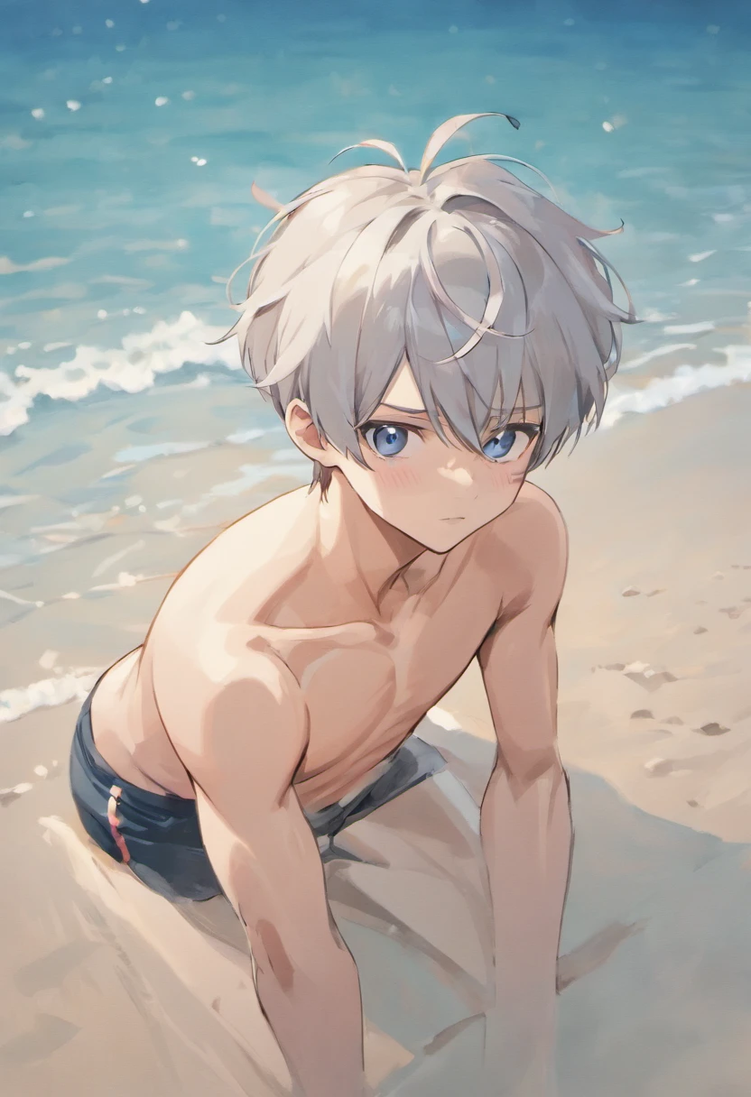 Wallpaper phone，masterpiece，best quality，8K quality，unparalleled clarity，best strokes，exquisite eyes，Exquisite facial features，full body character，panoramic， delicate face，Boys have very thin fingers，sports student，Handsome boy，charming，15 years old，Shota，abdominal muscles（0.5），anime characters，white fox ears，heterochromatic eyes，look at the audience，sneering，male focus，Gray hair is messy，Beach volleyball player，beach background，The crotch is bigger（2.0）Clear background image