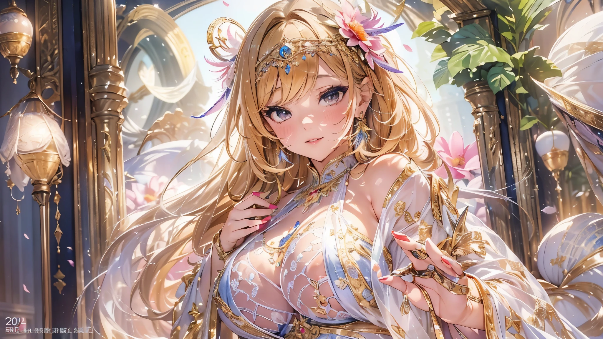 過去最高のmasterpiece、beautiful美しさ, 3D two-dimensional, rich, blonde, skirt, stockings, high heels, star、(Highly detailed CG Unity 8K wallpaper),(masterpiece), (最高quality), (超be familiar with), (best work),(best shadow), (sharp eyeliner, eye shadow, fine eye:1.1), (超High resolution,realistic,最高quality,realistic),(8K,RAW photo,最高quality,star),mature woman、sensual curves、huge breasts、thighs、bubble、お尻のmasterpiece, 最高quality, 超be familiar with, full body shot, mature woman, beautiful mature woman, nightgown and underwear, enchanting smile, thick lips, Chubby lips, blush, looking at the viewer, provocative expression, beautifulhair型, cleavage, Plump、curvy hips、attractive face、sexy lingerie、an inviting gaze、Expression of emotions、Lewd underwear、(((erotic see-through lingerie set)))、Standing position、gorgeous accessories 、big breastsの女性, bare shoulders, 金色のhair, colored feather, metal ornaments, colored flowers, particle, light, (masterpiece, 最高quality, 最高quality, official art, beautiful and aesthetic:1.2), (1 girl:1.5), 非常にbe familiar with,(fractal art:1.1),(colorful:1.1)、(flowers:1.3),most detailed,(zentangle:1.2), (dynamic pose), (abstract background:1.3), (shiny skin), (lots of colors :1.4), ,(earrings:1.4), (feather:1.4),masterpiece, 最高quality, 超be familiar with, 30~40 years, full body shot, beautiful 、さまざまなhair型，gold headband，plump breasts，beautiful，greek clothing，Tulle covers the breasts，perfectly proportioned, detailed clothing details,marble，god statue，cinematic lighting, film grain, 8K, masterpiece, 超be familiar with, high detail, 高quality, High resolution,(((NSFW:1.2)))、exposed chest、Openwork decoration，(((see through dress)))、(((解剖学的に正しいbody))) , 最高quality, 超be familiar with, (((Lewd underwear)))、raise your butt, from below, (((R-18)))、thighs, big breasts, Are standing, cowboy shot, blush, (((1 girl))), (masterpiece:1.3), (High resolution), (8K), (非常にbe familiar with), perfect face, Nice eye and face, (((最高quality))), (超be familiar with), detailed face and eye, (alone), beautifuleye,(((sexy pose)))、(((整ったbig breasts)))、((beautiful eye))、luxury、(((超High resolution)))、(((detailed description)))、(((ぽっちゃりbody型)))、(((解剖学的構造に一致したbodyの部位)))、beautiful長いまつ毛、バランスのとれたbody型,2 feet、Just the right size for your legs and arms、Fishnet tights、glamorous、(((Clear white and black eye)))、lipstick、Sparkling、(Undistorted face, eye, body)、jewelry、gem、(長くカールしたbeautifulまつ毛)、(((バランス良いbeautiful胸)))、(transparent, Exquisite skin:1.2)、(((完璧なglamorousボディー)))、actress face、Super beautiful、Cute smile、Healing beauty、Flower shower、完璧なeye、realistic depiction、Super sexy、glossy、Glamorous、double eyelids、Good dark makeup、makeup、ぼやけていないeye , expensive_quality, expensive_solve, masterpiece*I wore, whitespace, colorful, 1 girl, alone, white_hair, prism hair, [pink|green] eye, gradient eye, multicolored eye, shine eye, shine, Sparkling, shine white particles, Alone、one shot、adorable、Plump、Glossy and exquisite skin、はっきりしたeye鼻立ち、realistic eyes、whiteい肌, real human skin, (be familiar with), oval face, pore,  (8K, Raw photo, realistic: 1.4), one girl,  (Gentle and Goddess-like Eyes) happiness: 1.2), (lip gloss, eyelash, gross face, 最高quality, 超High resolution, wide lighting, natural shading)