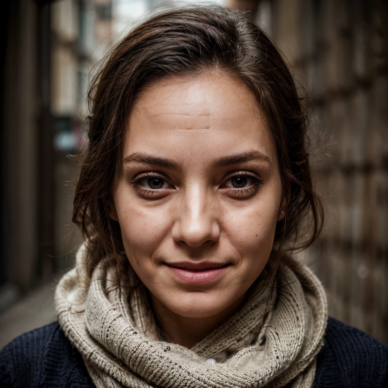 woman without makeup on her face and without smiling:: woman with wrinkles on her forehead:: wrinkles on her eyes:: dark circles:: imperfections on the face:: wearing Sweater with a scarf