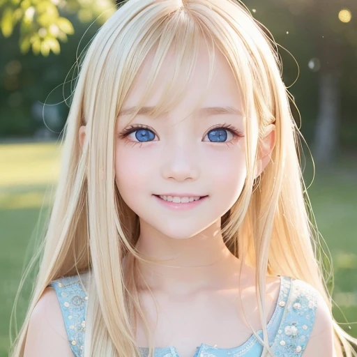 one very beautiful cute young girl、10 years old、((very happy smile ))、Embarrassed blush、Beautiful very long shiny blonde hair with golden shine、Shiny and very beautiful pure white skin、Very beautiful and cute pale blue detailed eyes、shiny skin、 Very beautiful cute face、Beautiful cute bright look、Clear double eyelids、beautiful cute big eyes、A perfectly balanced face