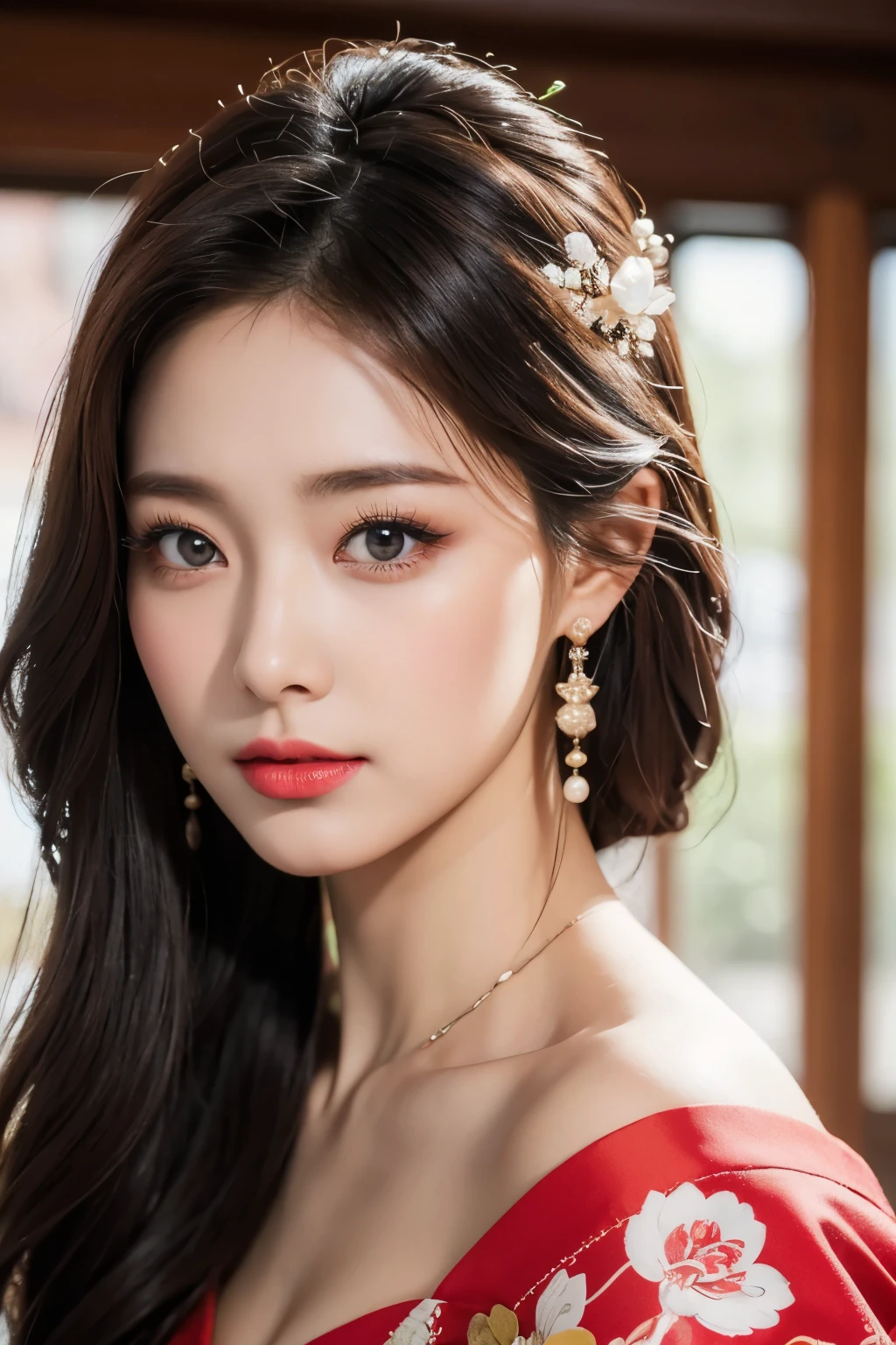 A woman in a red dress with long hair and earrings - SeaArt AI