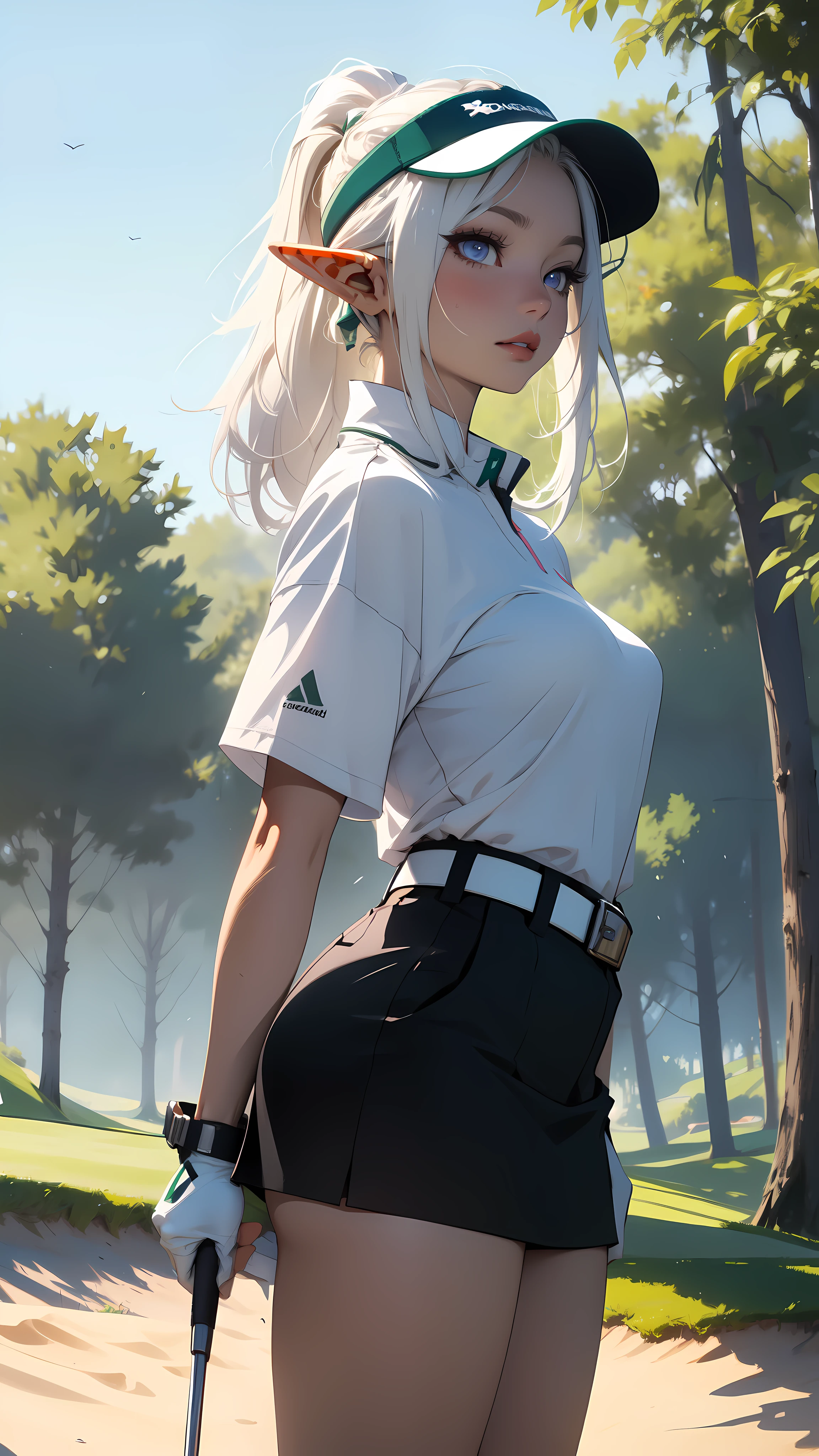 ((masterpiece)), (top quality), (best quality), ((ultra-detailed, 8k quality)), Cinematic lighting, soft semi-backlit light, (detailed line art), absurdres, (best composition), (high-resolution), Aesthetics,
BREAK,
(elf female), (detailed outfit), (20 years old), golfer, content, focused, (contrapposto), golf shirt, golf skirt, (golf visor cap), golf glove, golf shoes, sweat, atmospheric perspective,
BREAK,
(background, from front, outdoor, golf course, sand trap, trees, flag, morning, clear), cinematic dramatic atmosphere,
BREAK,
highly detailed of ((elf:1.4)), (1girl), solo, perfect face, details eye, ahoge, ponytail, (white shining hair:1.2), (forehead), medium hair, [[floating hair]], violet eyes, shining eyes, (beautiful detailed eyelashes, eyeshadow, pink eyeshadow), Concept art by Mikimoto Haruhiko, by Kawacy, By Yoshitaka Amano,
BREAK, 
((perfect anatomy)), (perfect body), Abs, (medium breast), perfect hands, perfect face, beautiful face, beautiful eyes, perfect eyes, (perfect fingers, deatailed fingers), correct anatomy, perfect legs, skinny, 