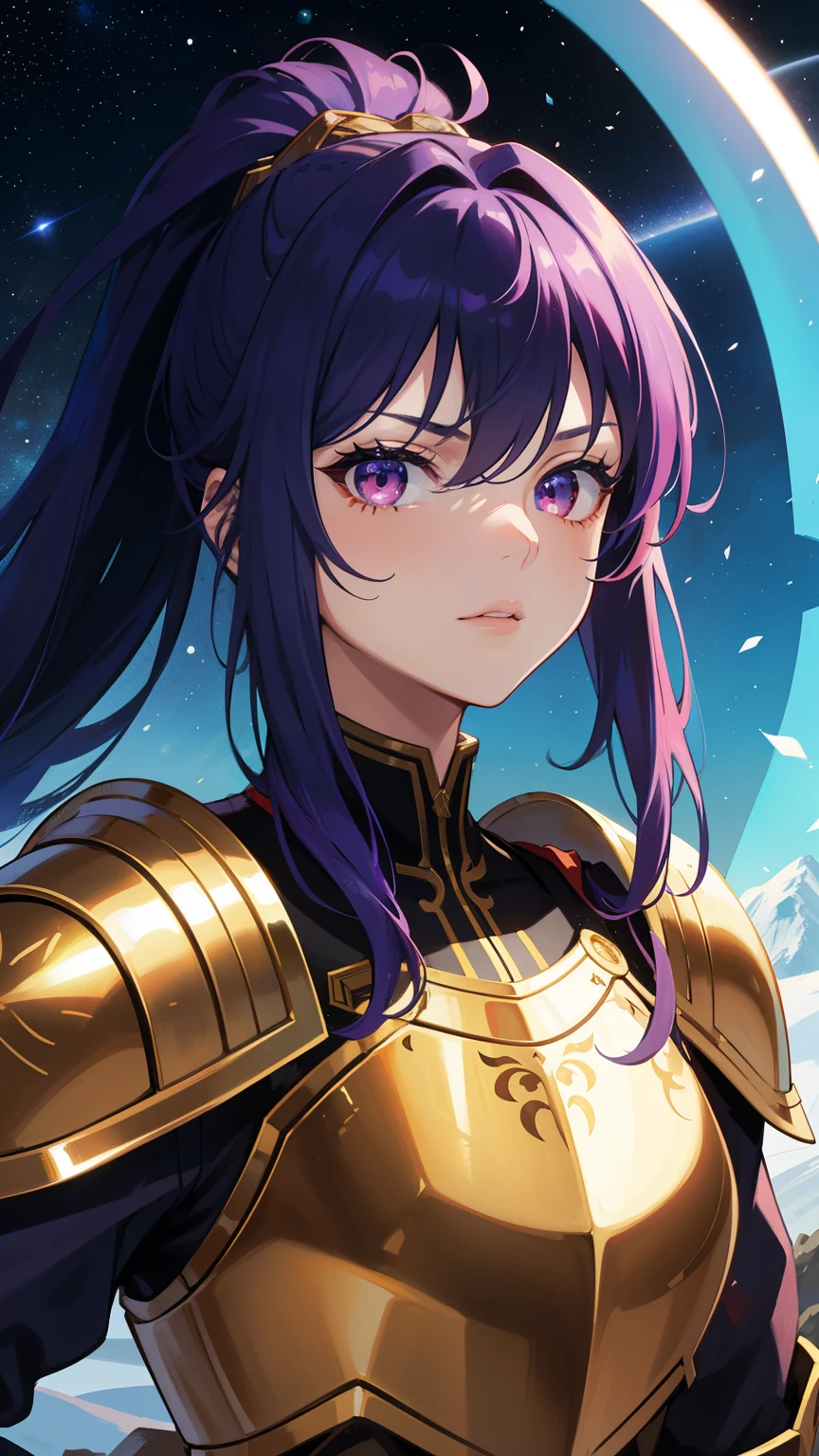 (high-quality, breathtaking),(expressive eyes, perfect face) 1girl, female, adult, solo, medium length hair, purple hair, multicolored hair, blue highlights in hair, glowing hair, red eyes, serious expression, Gold Armor, space background, red undershirt clothes, upper body, fluffy wavy hair, gorgeous hair, portrait, ponytail, warrior, stoic soldier, fully plated armor, age 40's, gold ppplate armor,