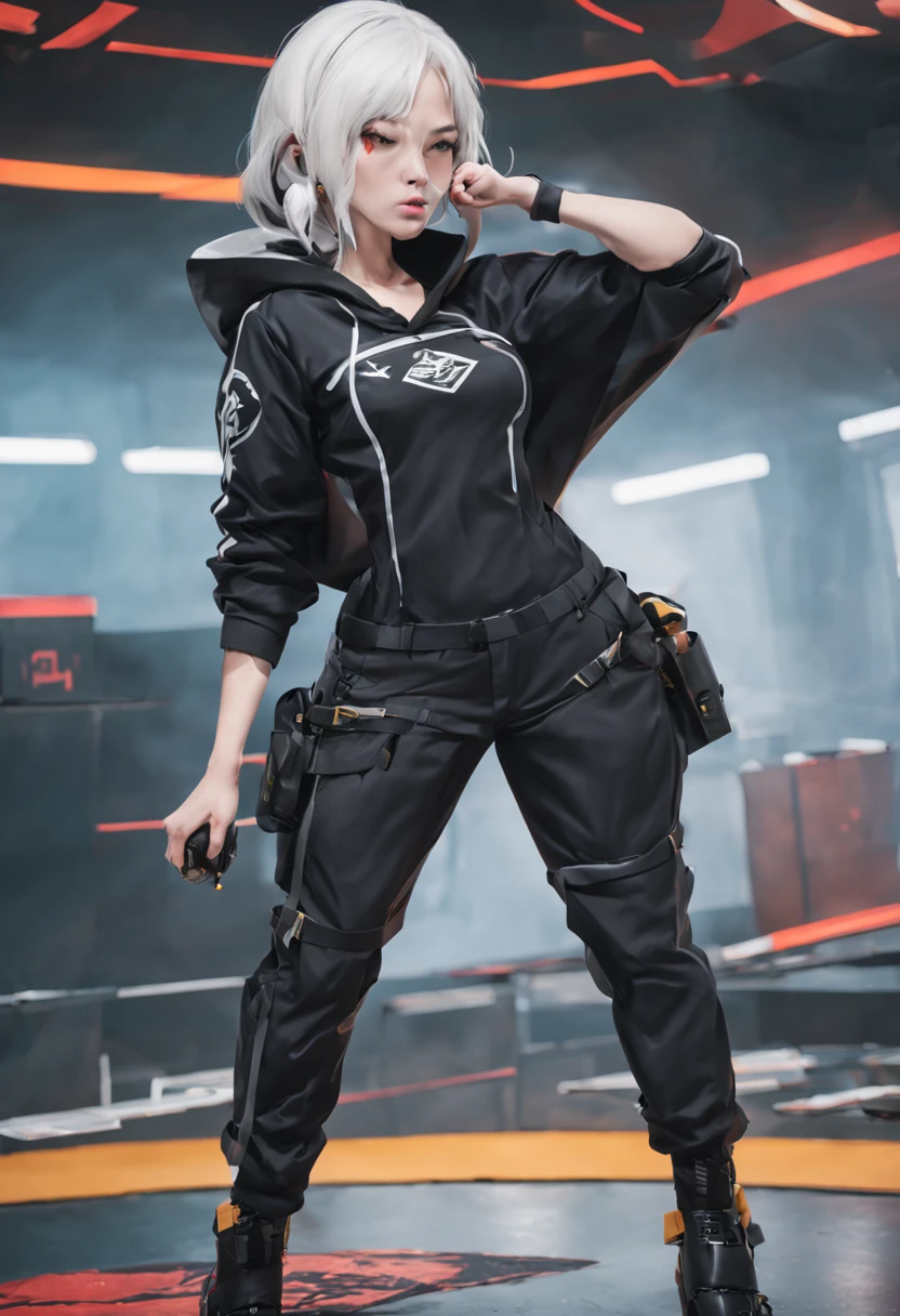 Fighting girl, epic, with particles, HD, 8k, white hair, with black cape, line marks on the face, serious face, closed mouth, casual pose, hands in Bruce Lee position, tactical pants, black hood, black lines under the eyes, black polar diver, eyes with marked rings, detailed face, blood on the lips,