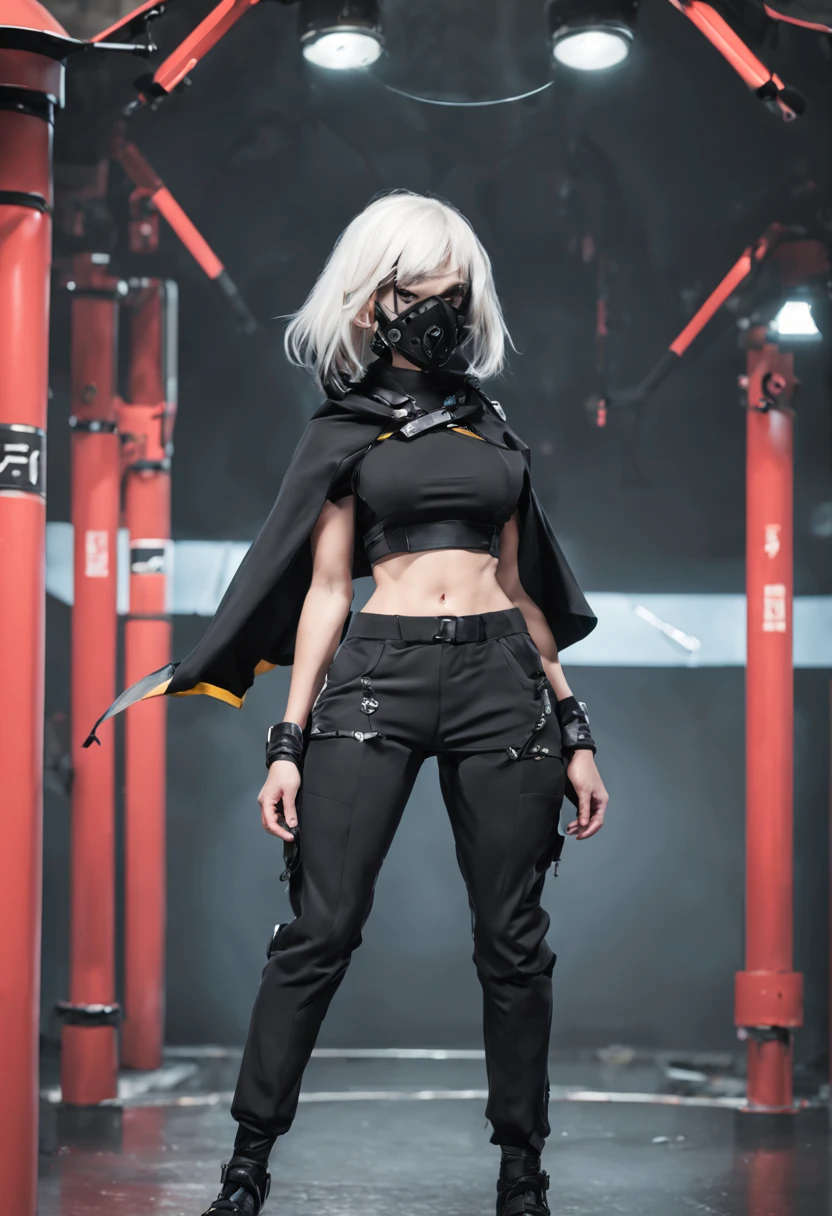 Fighting girl, epic, with particles, HD, 8k, white hair, with black cape, line marks on the face, serious face, closed mouth, casual pose, hands in Bruce Lee position, tactical pants, black hood, black lines under the eyes, black polar diver, eyes with marked rings, detailed face, blood on the lips,