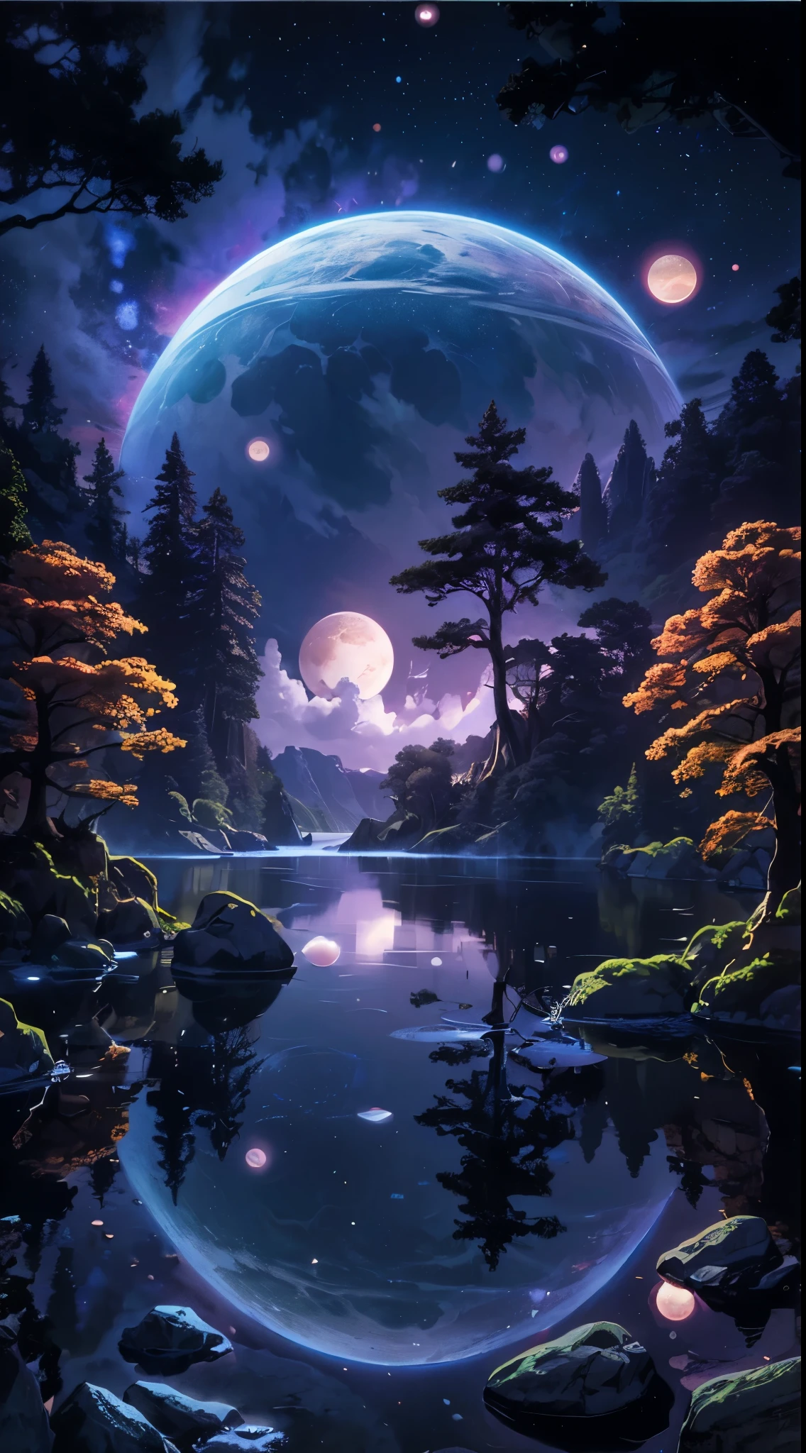 Surreal nightscape, with a lake surrounded by trees and a giant planet visible in the sky, reflected in the waters, surrounded by dark trees and rocks, Mystical atmosphere, masterpiece, cinematic angle, dynamic framing
