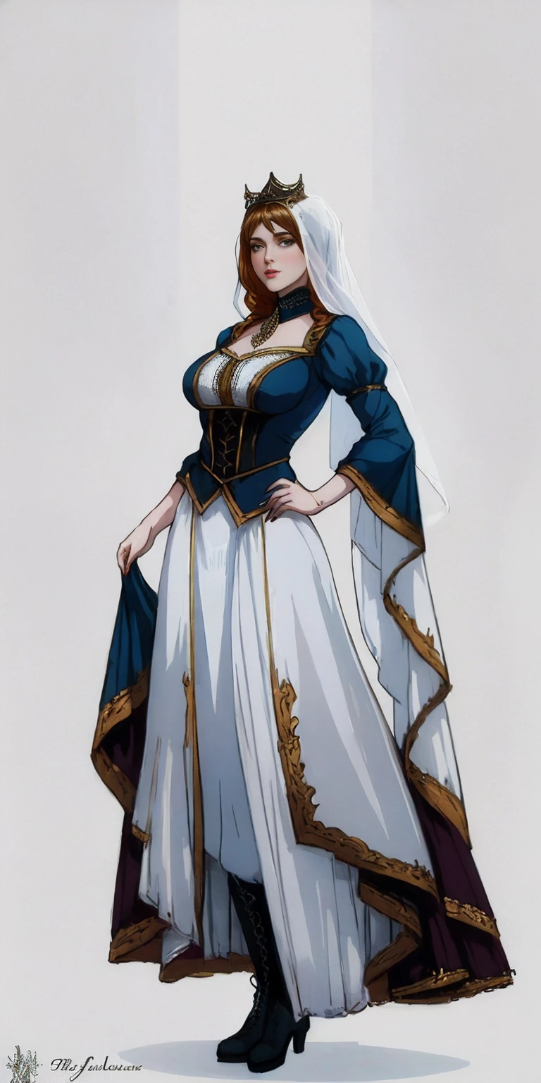 full body of a woman in a dress with a veil, feet together, standing feet together, militar boots, beautiful fantasy maiden slave warrior, beautiful fantasy art portrait, fantasy victorian art, medieval fantasy art, beautiful and elegant queen Roxxane, portrait of queen of light, fantasy portrait art, gothic fantasy art, a beautiful fantasy empress, ((white background))