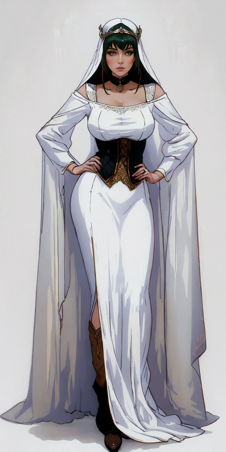 full body of a woman in a dress with a veil, feet together, standing feet together, militar boots, beautiful fantasy maiden slave warrior, beautiful fantasy art portrait, fantasy victorian art, medieval fantasy art, beautiful and elegant queen Roxxane, portrait of queen of light, fantasy portrait art, gothic fantasy art, a beautiful fantasy empress, ((white background)) hands on hips