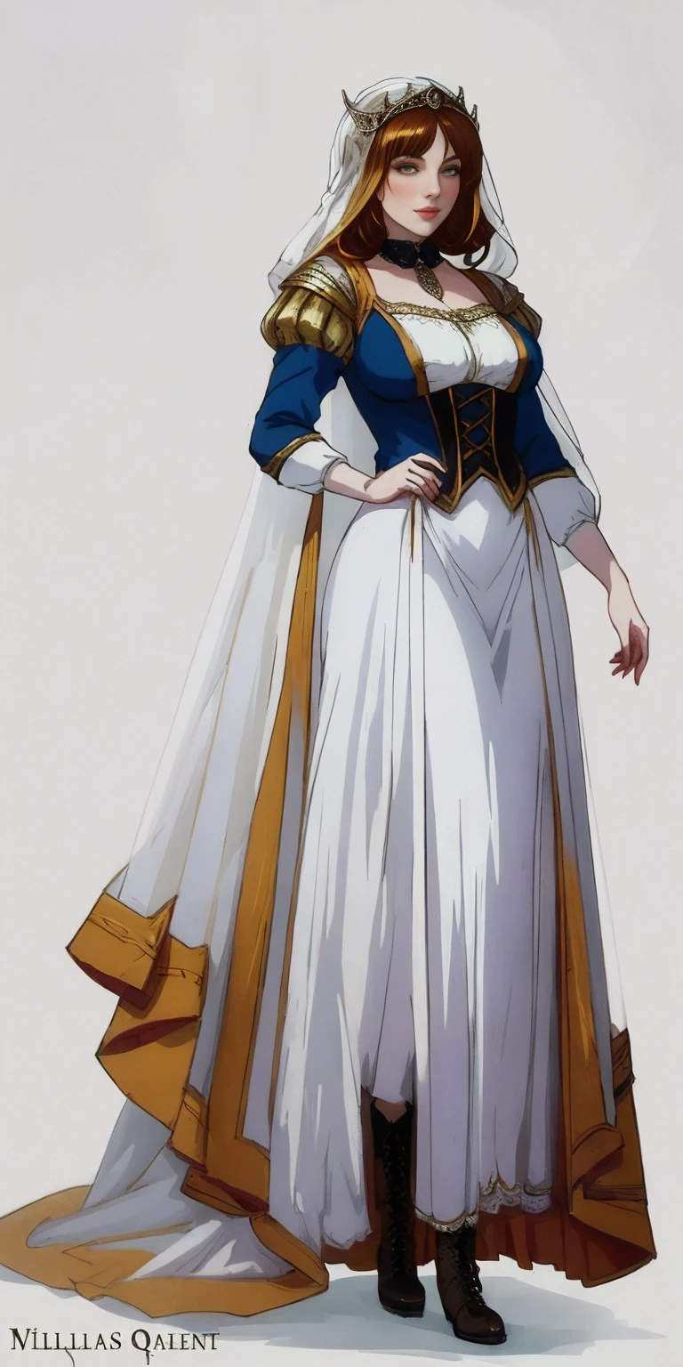 full body of a woman in a dress with a veil, feet together, standing feet together, militar boots, beautiful fantasy maiden slave warrior, beautiful fantasy art portrait, fantasy victorian art, medieval fantasy art, beautiful and elegant queen Roxxane, portrait of queen of light, fantasy portrait art, gothic fantasy art, a beautiful fantasy empress, ((white background)) hands on hips