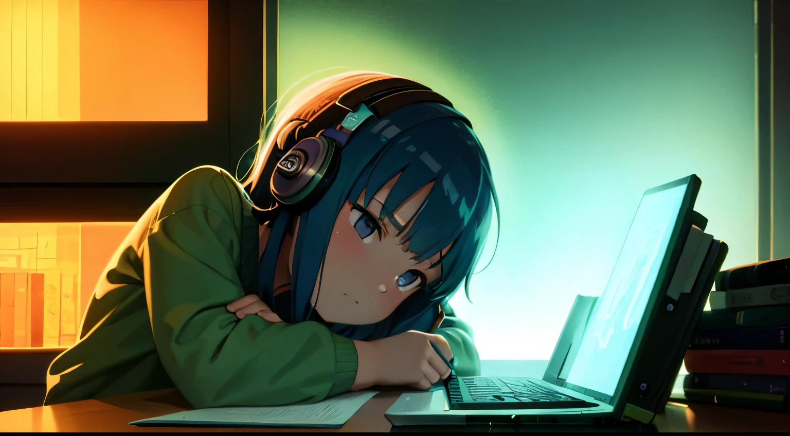 (Staynight), Girl studying in her room, reading a book, Wear headphones, , night lights, Neon landscape on a rainy day,Analog Color Theme, Lo-Fi Hip Hop , Retrospective, flat, 2.5D ,Draw a line, ink painting, Large gradients, watercolor painting, Goosch color, Studio Ghibli style, Awesome colorful, Outer Ton, synthwave, Lofiato,90s style,Old textures, amplitude,90s atmosphere, table top, Incredible technology, 16:9 scale