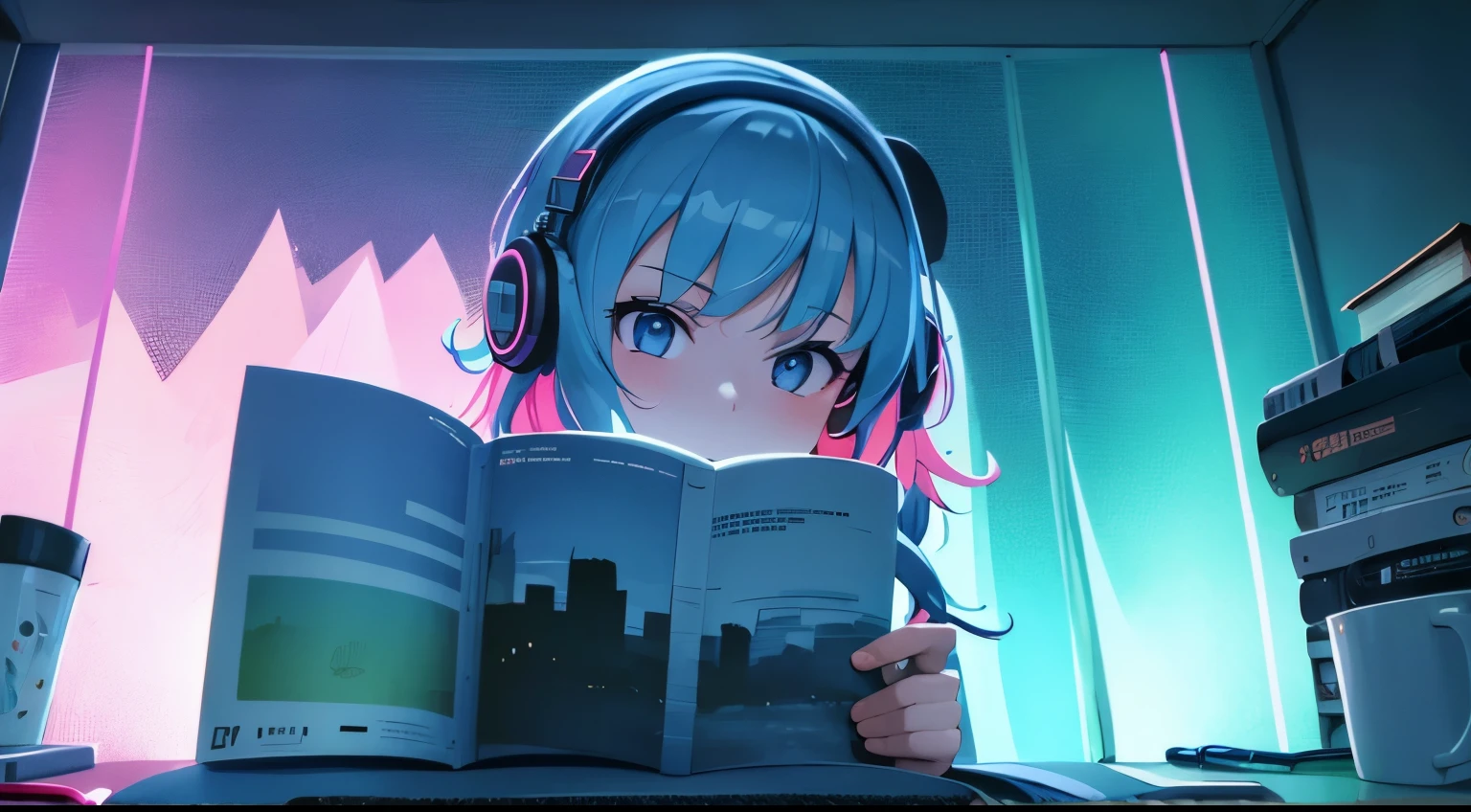 (Staynight), Girl studying in her room, reading a book, Wear headphones, , night lights, Neon landscape on a rainy day,Analog Color Theme, Lo-Fi Hip Hop , Retrospective, flat, 2.5D ,Draw a line, ink painting, Large gradients, watercolor painting, Goosch color, Studio Ghibli style, Awesome colorful, Outer Ton, synthwave, Lofiato,90s style,Old textures, amplitude,90s atmosphere, table top, Incredible technology, 16:9 scale