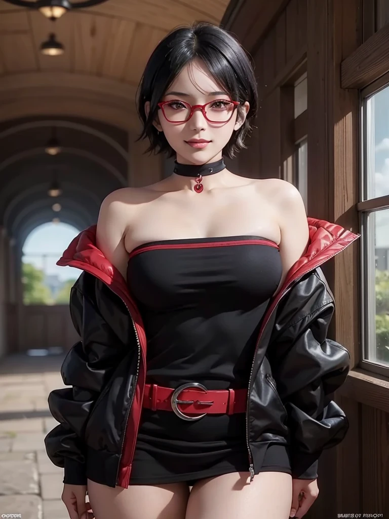 1girl, uchiha sarada in anime boruto, short hair, black hair, red eyes, smile, beautiful, sexy dress, sexy clothes, red clothes, wear red glasses, very big breast, realistic clothes, detail clothes, outdoor background, ultra detail, realistic