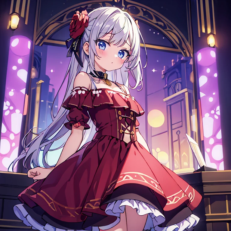 (best quality, masterpiece), 1 girl, intricate details, Off the shoulders, skirt, collar, decorate, perspective, looking at the audience, blush, Upper body, blurred background, floral, contrasting