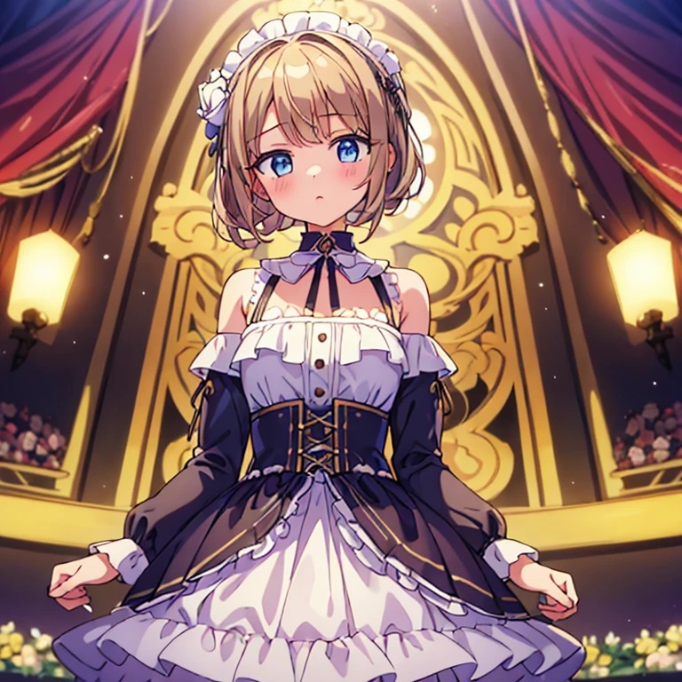 (best quality, masterpiece), 1 girl, intricate details, Off the shoulders, skirt, collar, decorate, perspective, looking at the audience, blush, Upper body, blurred background, floral, contrasting