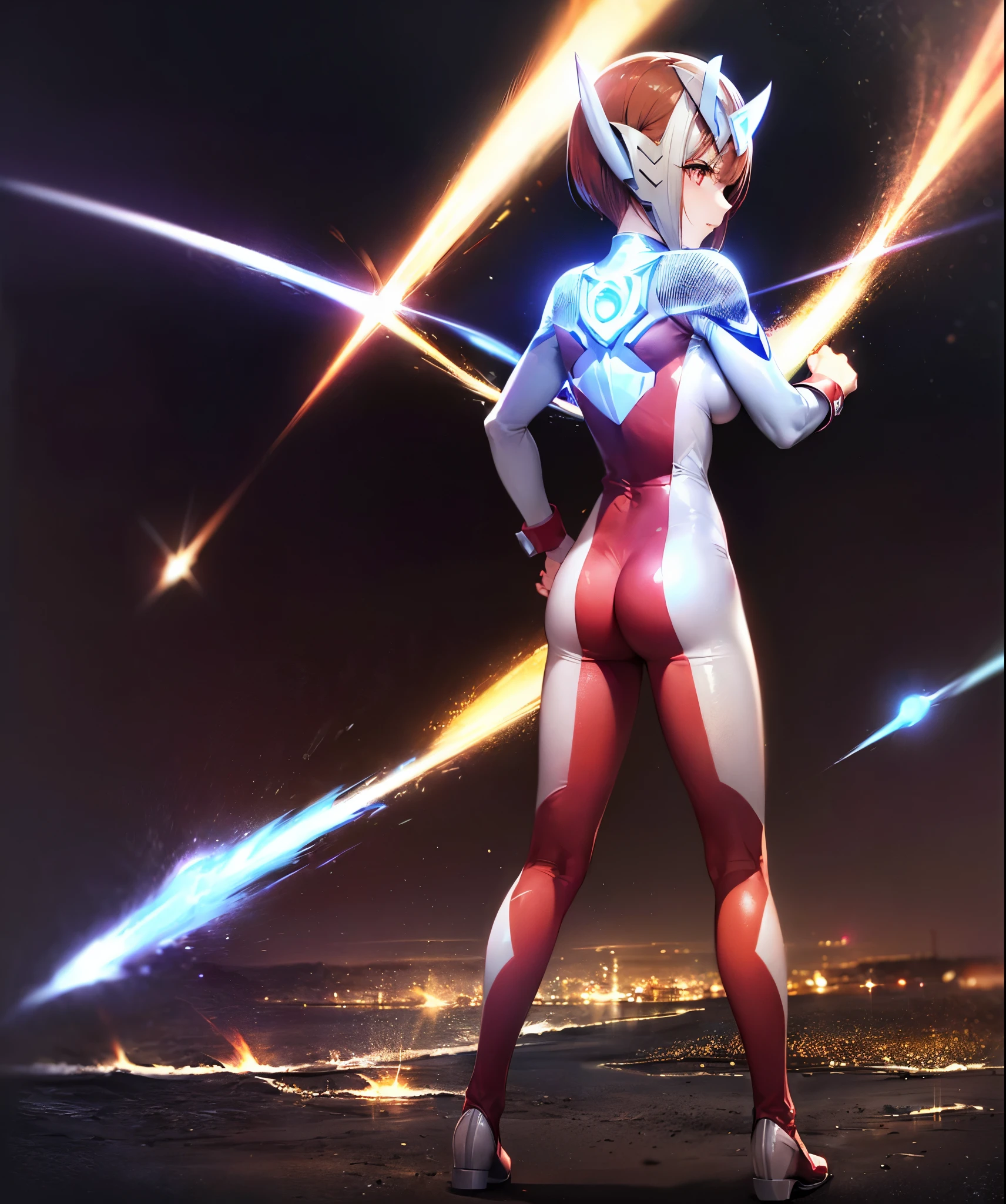 1 female,(bright red hair:1.5),short bob,red eyes, (Ultra Girl :1.0), (silver and red ultraman bodysuit:1.4),big breasts,(Put your hands on your hips:1.1),(fist:1.1),(Turn your back to your audience:1.3),(back view:1.2),(butt:1.2)