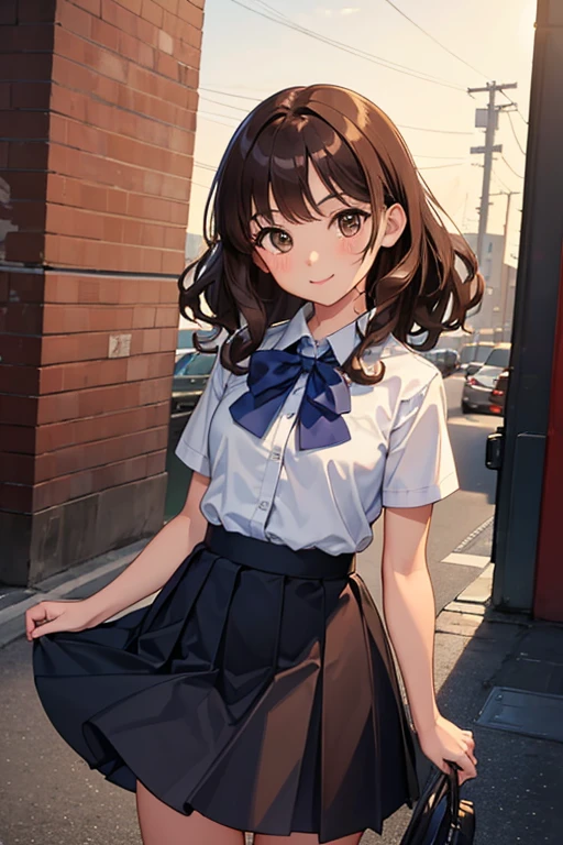 (masterpiece, highest quality:1.2), cowboy shot, 7 girls, ticker, sisters, smile, looking at the viewer, turn your arms behind your back, brown hair, curly hair, shortcut, school uniform, skirt, 
