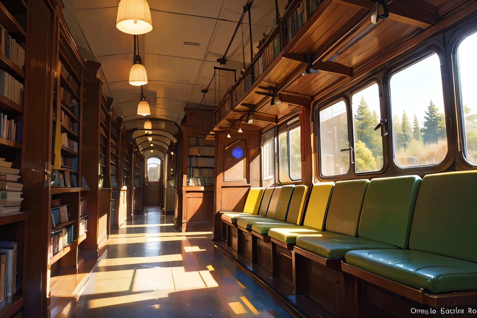 Craft a mesmerizing illustration where train carriages transform into a library, exuding a nostalgic and intricate ambiance throughout. Ensure a high-quality output by paying attention to detail. Capture the seamless fusion of transportation and knowledge, with each carriage serving as a portal to literary realms. Emphasize the cozy atmosphere within the carriages, with warm lighting and comfortable seating inviting passengers to immerse themselves in books. Detail the exterior of the train, blending the sleek lines of modern transportation with the timeless charm of a classic library facade. Aim for a composition that sparks imagination and evokes a sense of wonder, as passengers embark on a literary journey through the pages of history. best quality, masterpiece
