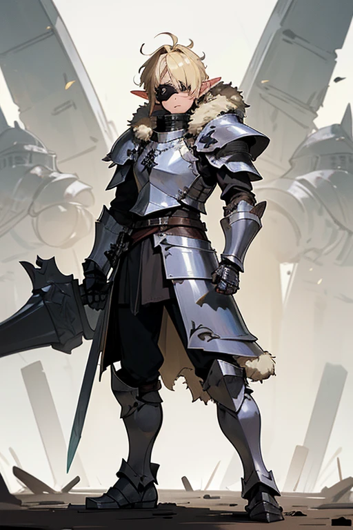 ,solo,1boy,(elf:1.2),(knight:1.2),(metal_armor:1.2),(fur:1.2),(blonde_hair:1.2),(Messy_hair:1.2),(angry:1.2),(Standing:1.2),(weapon_over_shoulder:1.2),(black_eyes:1.2),(eyepatch:1.2),(armored_boots:1.2),(hill:1.2)