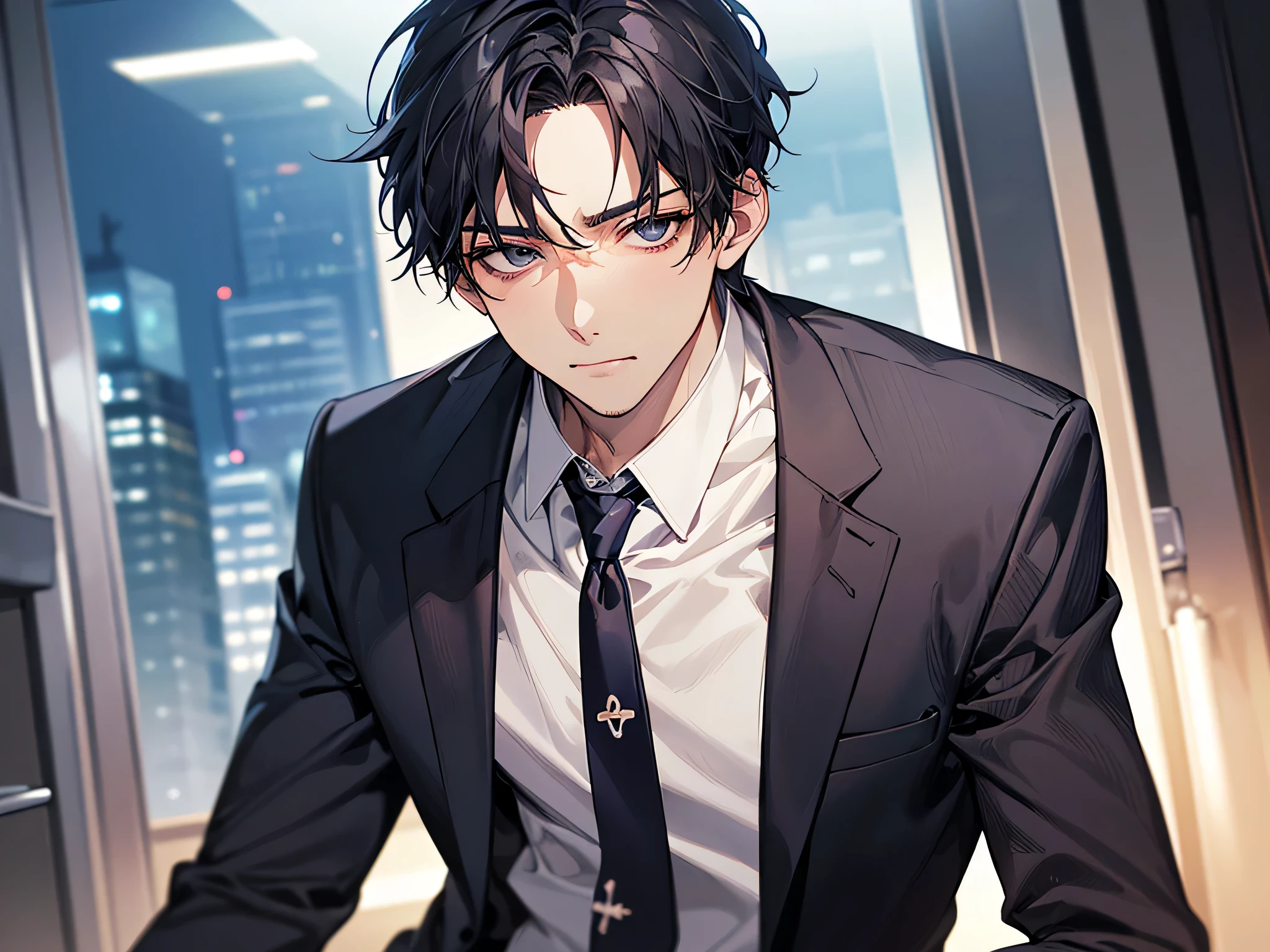 老け顔,ビューアーにカベドン,((close up)),dramatic angle,masterpiece,shoot from below, upper body shot, business Suit,tie,man,solo,(40-year-old),Black top, short hair,looking at viewer,office,(night)