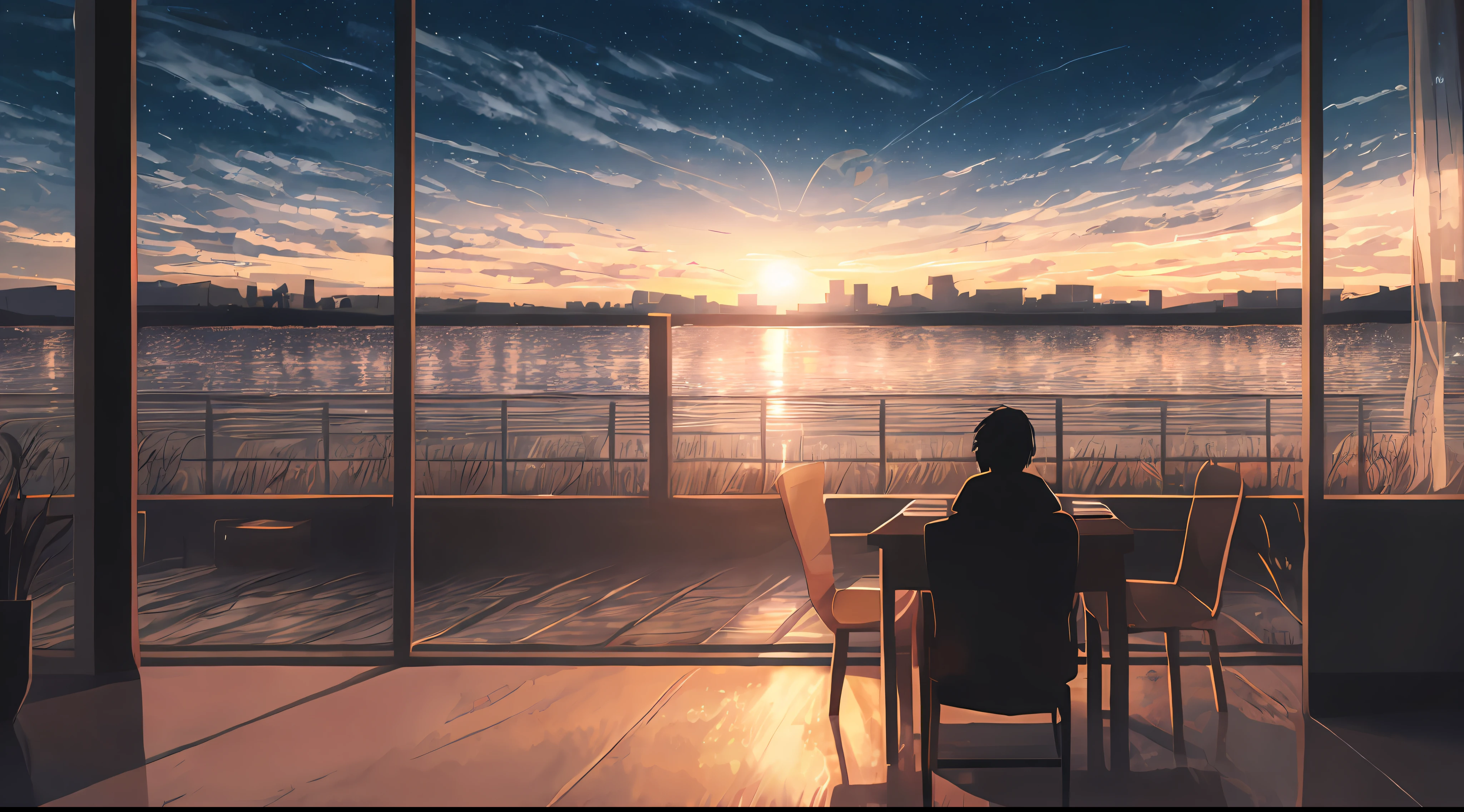 There was a man sitting in a chair,holding a bible in hand, Night Kalmar. digital illustration, Lo-Fi illustration style, Art style, Luo Fei's return, 2d illustration, 2d illustration, Homlovi, Art Loffy, Art style , anime aesthetics, Artistic lo-fi people. anime atmosphere, Art Loffy, anime art wallpaper 4k, anime art wallpaper 4k