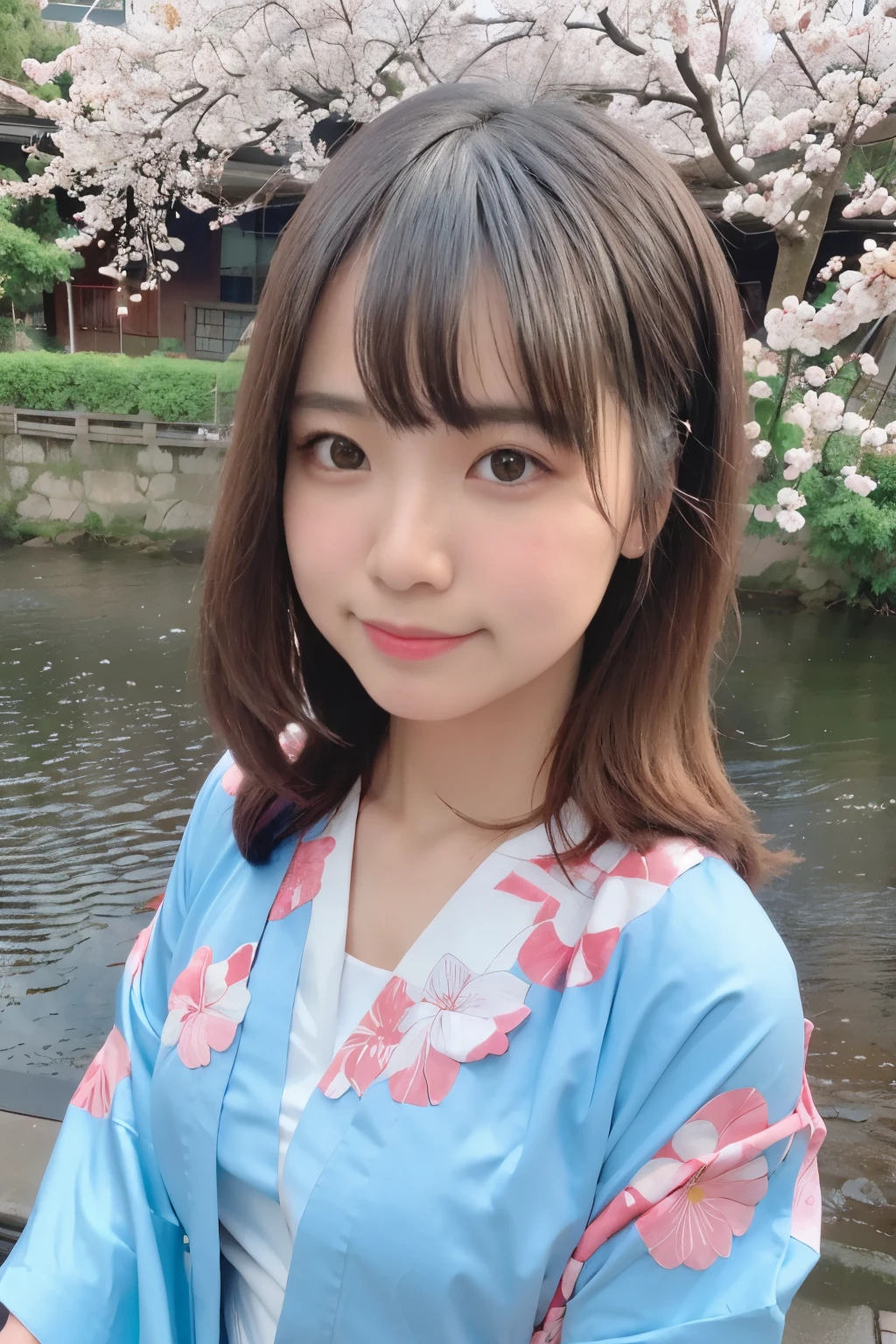 highest quality, ultra high resolution, (realistic:1.4),blush,cute,(detailed face),light smile,
looking at the viewer,
Upper body, kimono,
Sunny,river,(cherry blossoms),blue sky,