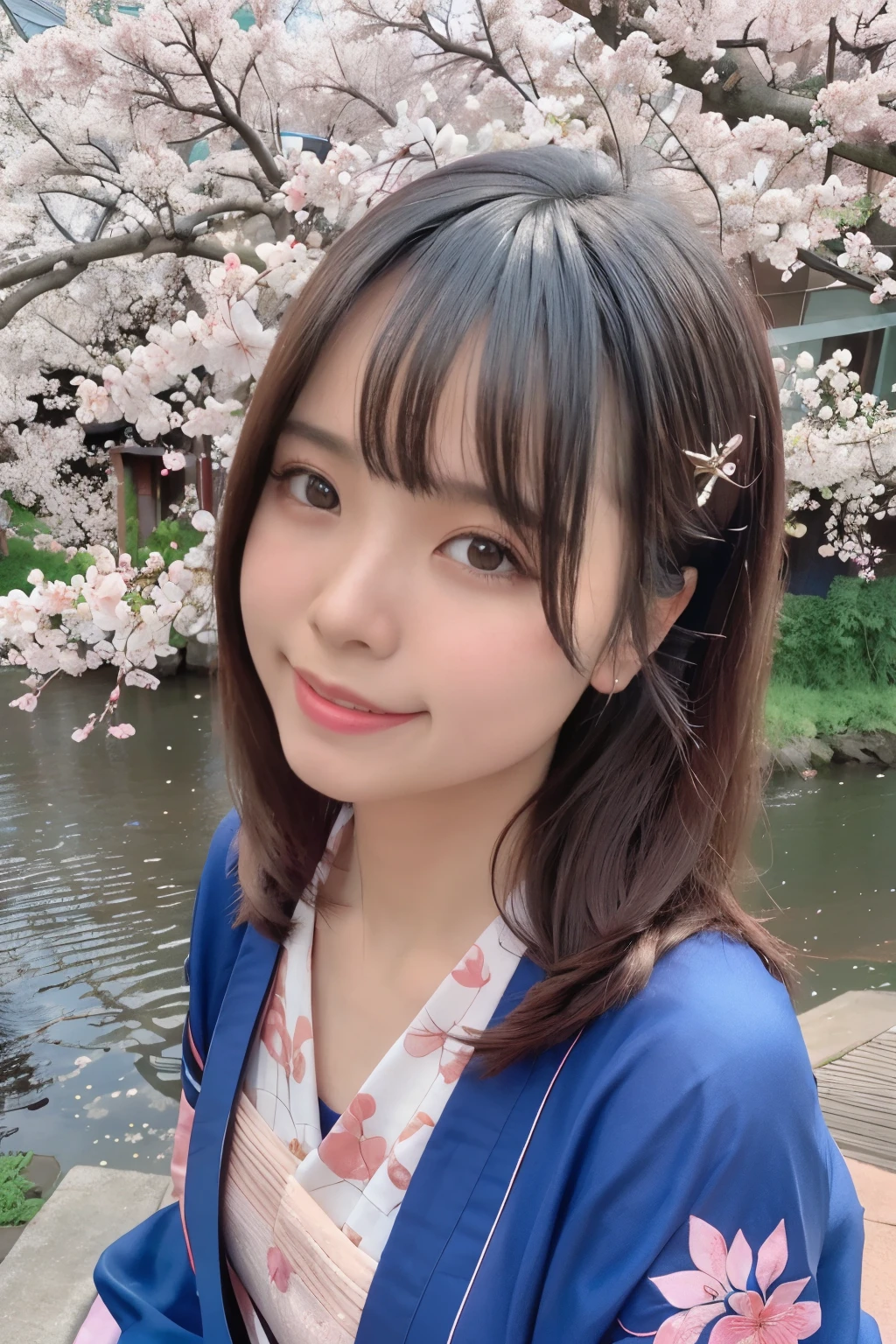 highest quality, ultra high resolution, (realistic:1.4),blush,cute,(detailed face),light smile, 
looking at the viewer,
Upper body, kimono, 
Sunny,river,(cherry blossoms),blue sky,
