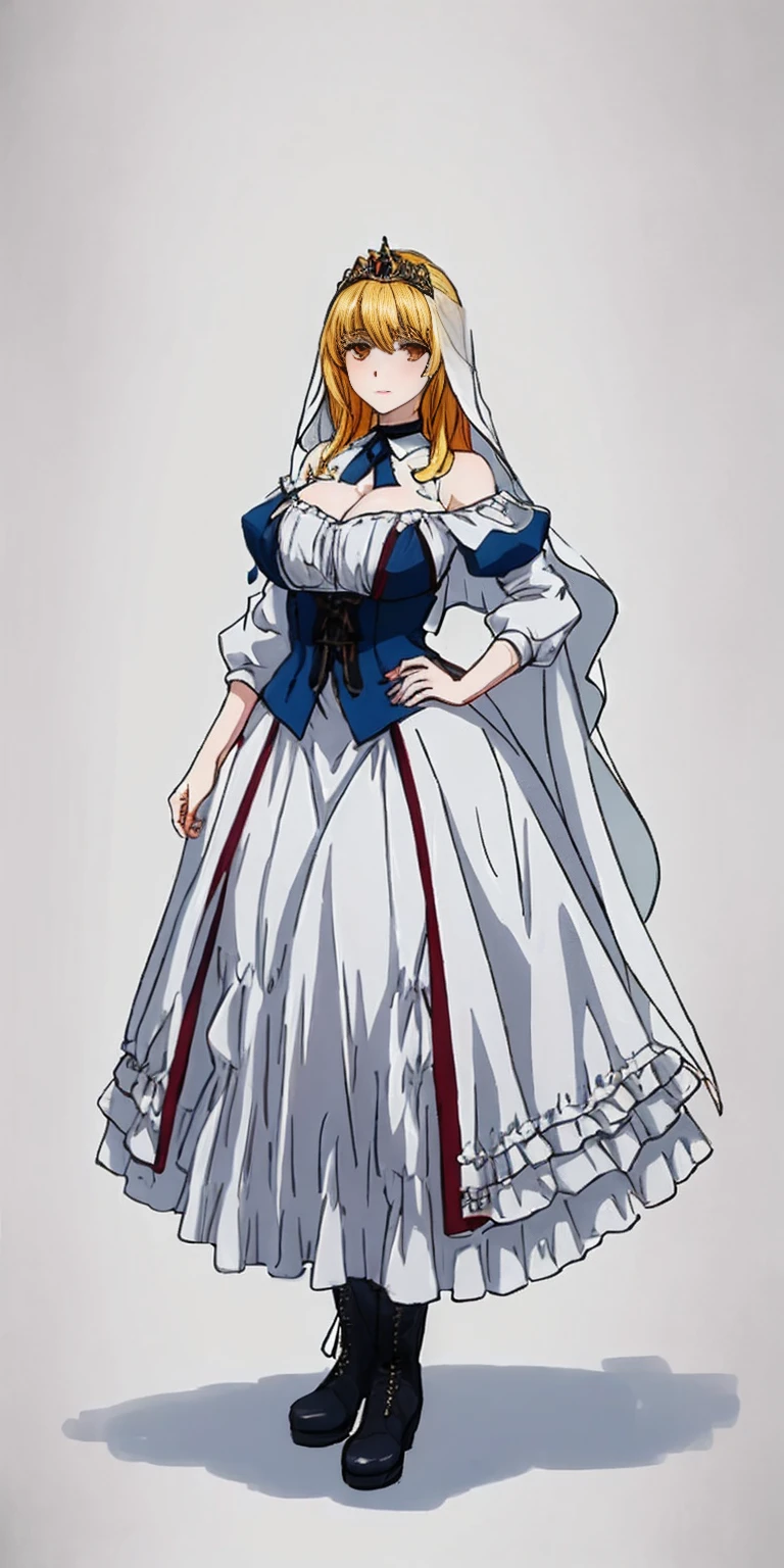 full body of a woman in a dress with a veil, feet together, standing feet together, militar boots, beautiful fantasy maiden slave warrior, beautiful fantasy art portrait, fantasy victorian art, medieval fantasy art, beautiful and elegant queen Roxxane, portrait of queen of light, fantasy portrait art, gothic fantasy art, a beautiful fantasy empress, ((white background)) hands on hips