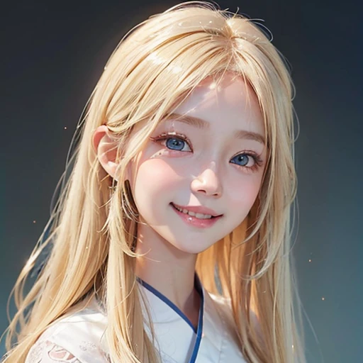 one very beautiful cute young girl、10 years old、((very happy smile ))、Embarrassed blush、Beautiful very long shiny blonde hair with golden shine、Shiny and very beautiful pure white skin、Very beautiful and cute pale blue detailed eyes、shiny skin、 Very beautiful cute face、Beautiful cute bright look、Clear double eyelids、beautiful cute big eyes、A perfectly balanced face