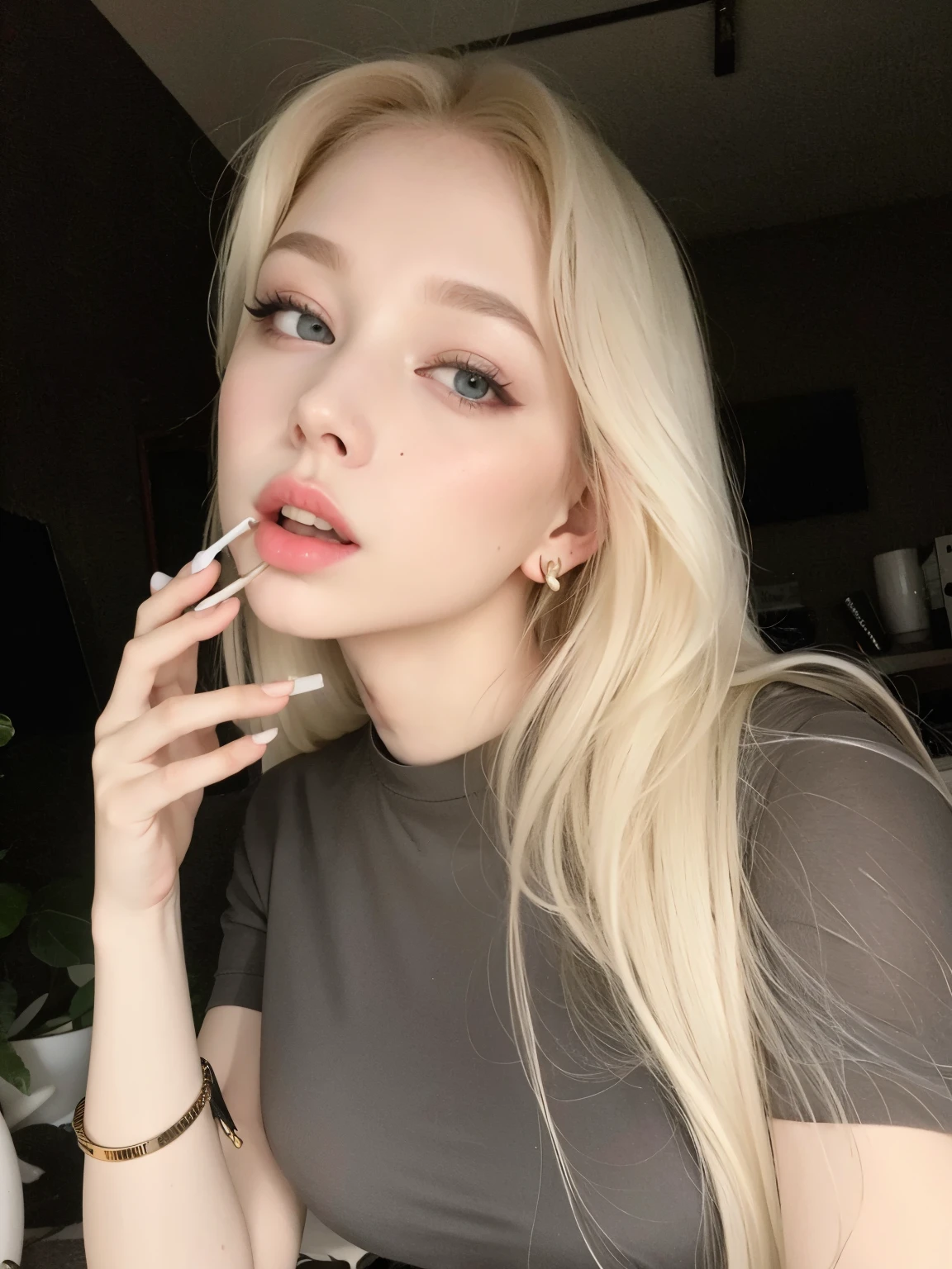 blond woman with cigarette in mouth and black shirt smoking a cigarette, pale fair skin!!, portrait of kim petras, with pale skin, pale glowing skin, ivory pale skin, pale thin lips, pale white skin, very very pale blond hair, very very pale white skin, pale porcelain white skin, ava max, extremely pale blond hair, very very very pale white skin